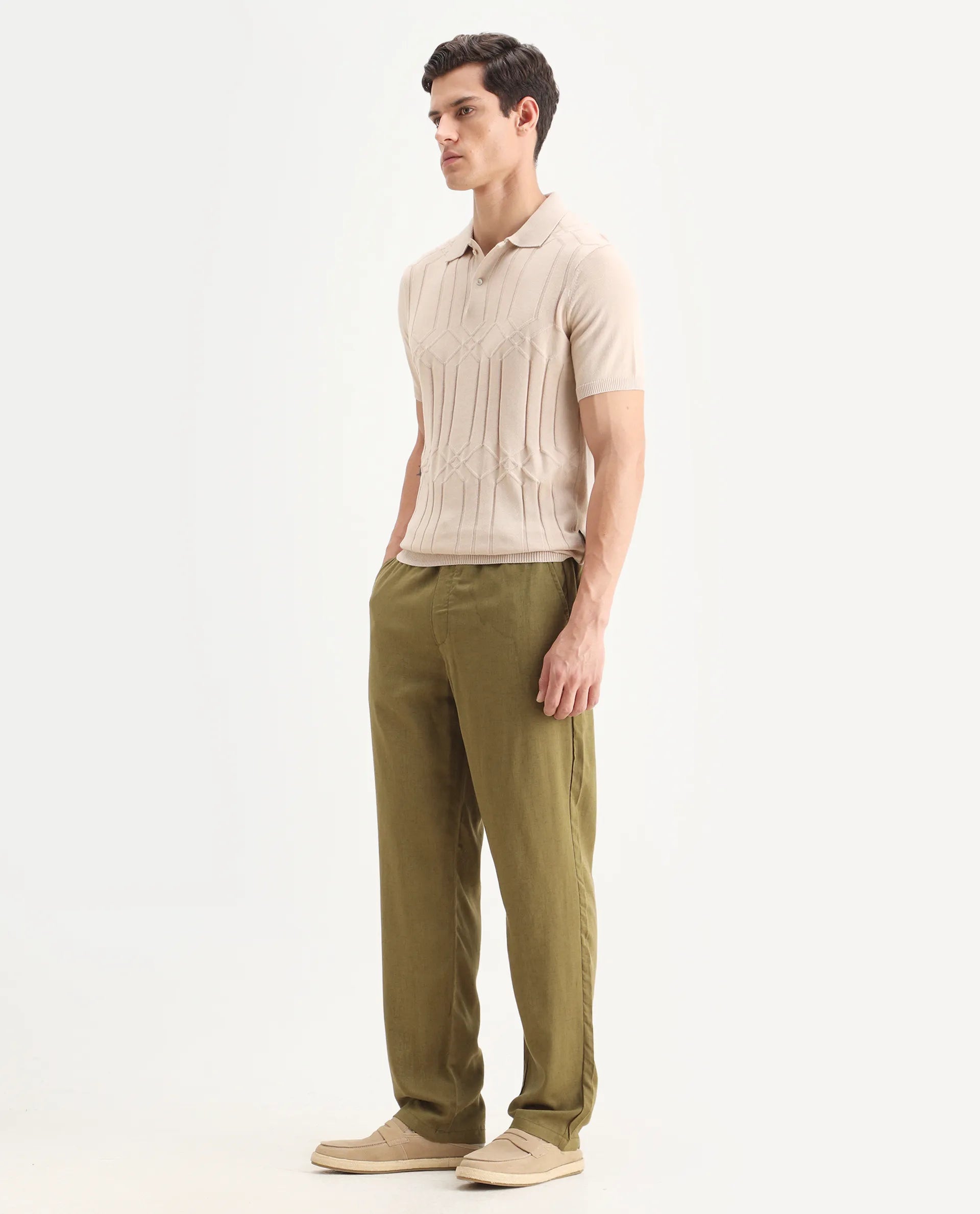 Rare Rabbit Men's Coft-B Olive Linen Blend Plain Loose Fit Trouser