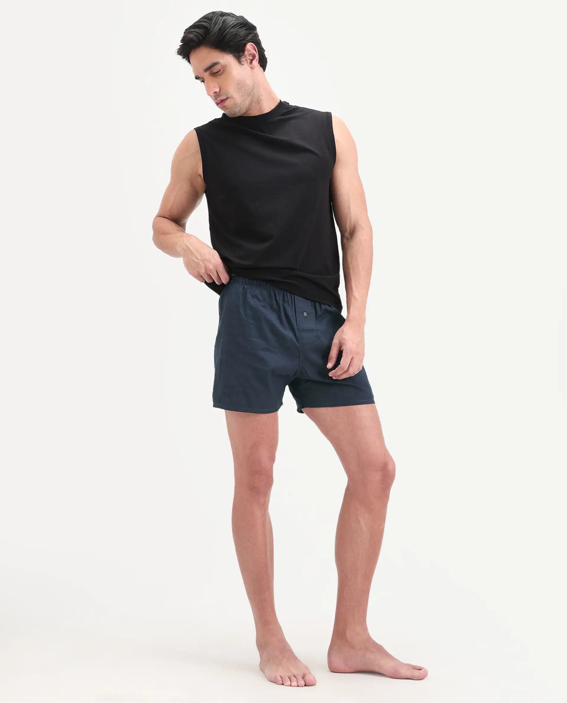Rare Rabbit Men's Kiva Dark Navy Linen Blend Regular Fit Checks Boxer