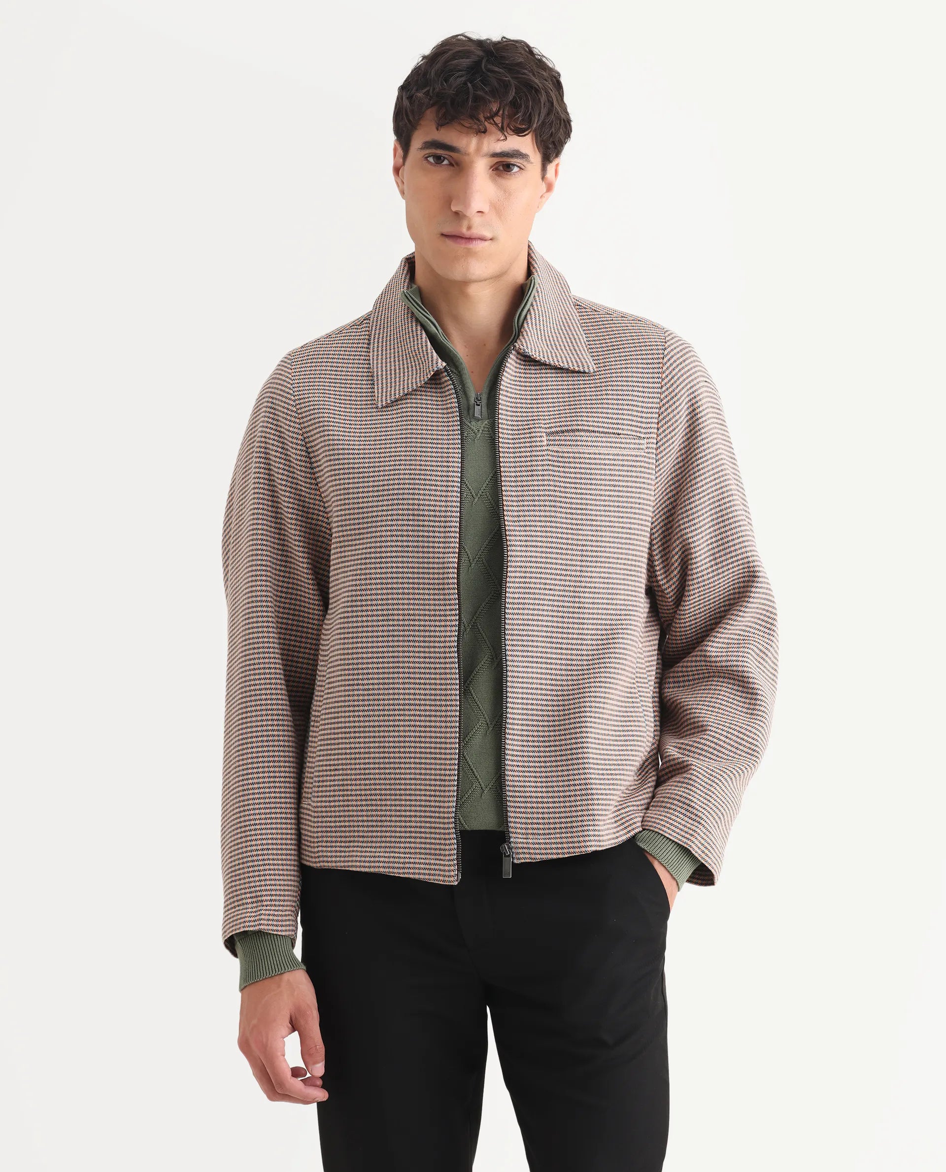 Rare Rabbit Men's Pexrul Rust Cotton Checked Print Relaxed Fit Full Sleeve Spread Collar Jacket