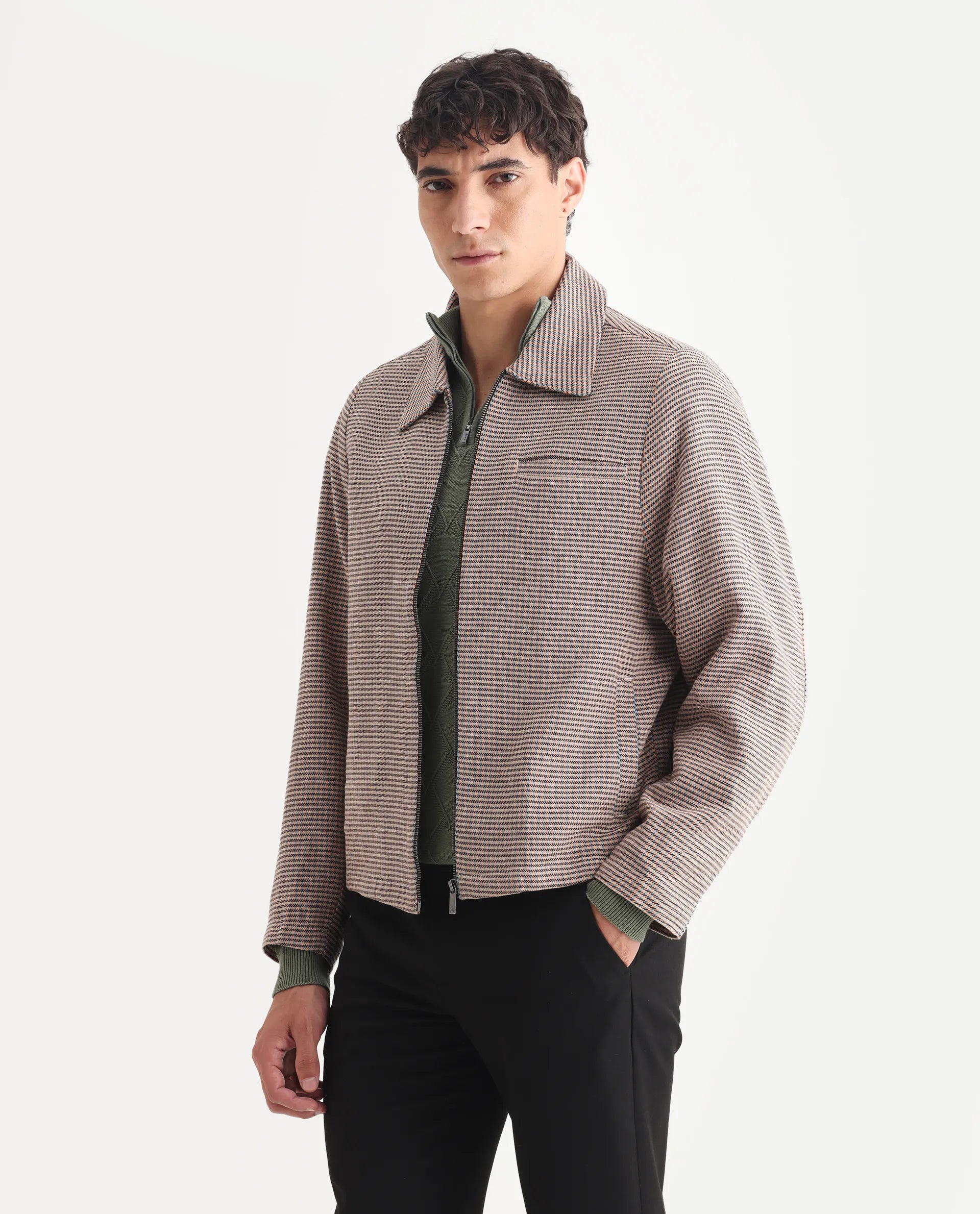 Rare Rabbit Men's Pexrul Rust Cotton Checked Print Relaxed Fit Full Sleeve Spread Collar Jacket