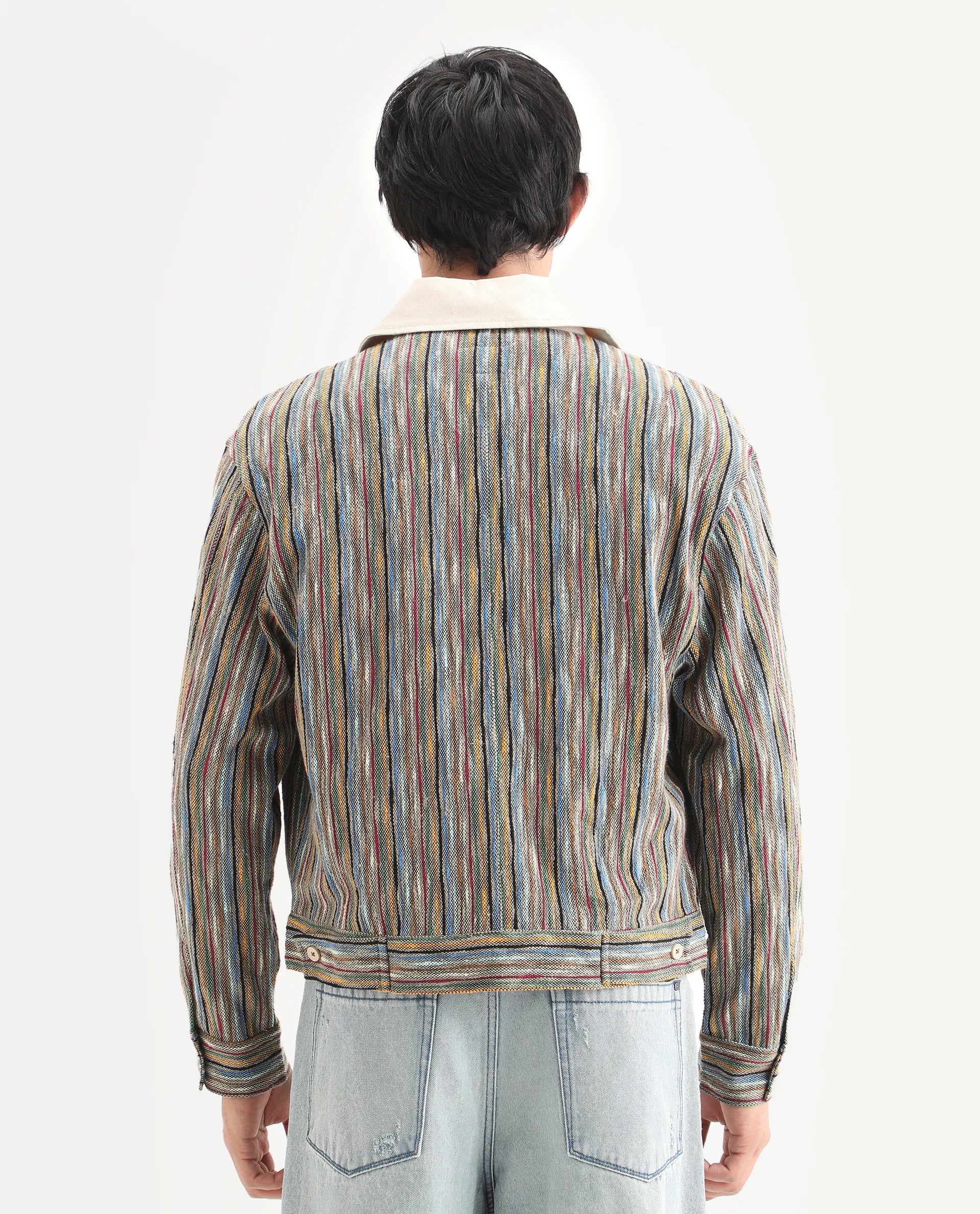 Rare Rabbit Men's Pelden J Light Brown Viscose Blend Striped Print Boxy Fit Full Sleeve Collared Shacket