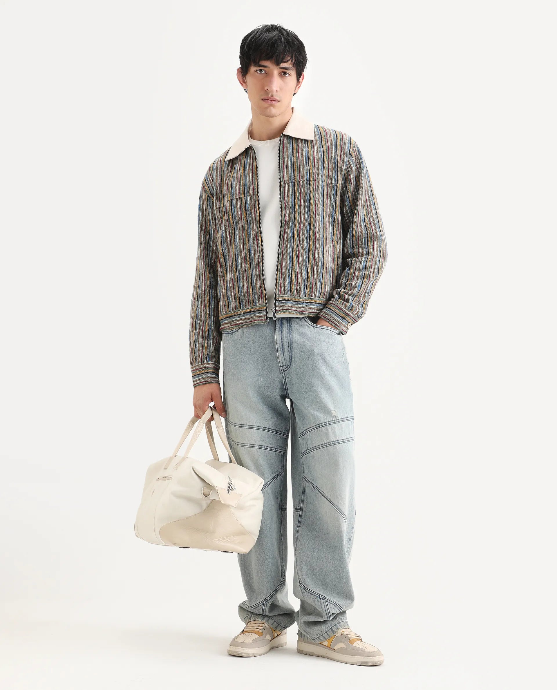 Rare Rabbit Men's Pelden J Light Brown Viscose Blend Striped Print Boxy Fit Full Sleeve Collared Shacket