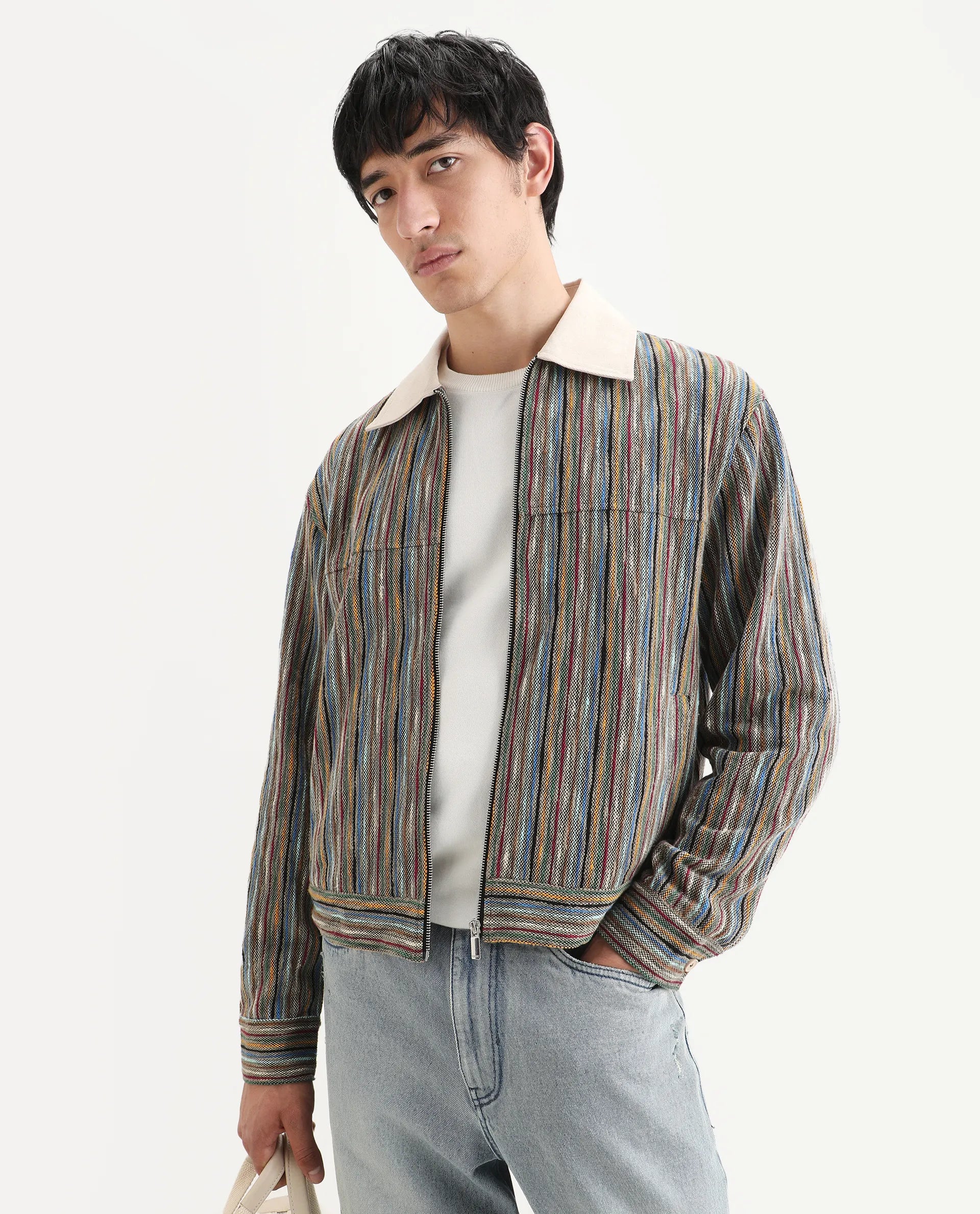 Rare Rabbit Men's Pelden J Light Brown Viscose Blend Striped Print Boxy Fit Full Sleeve Collared Shacket