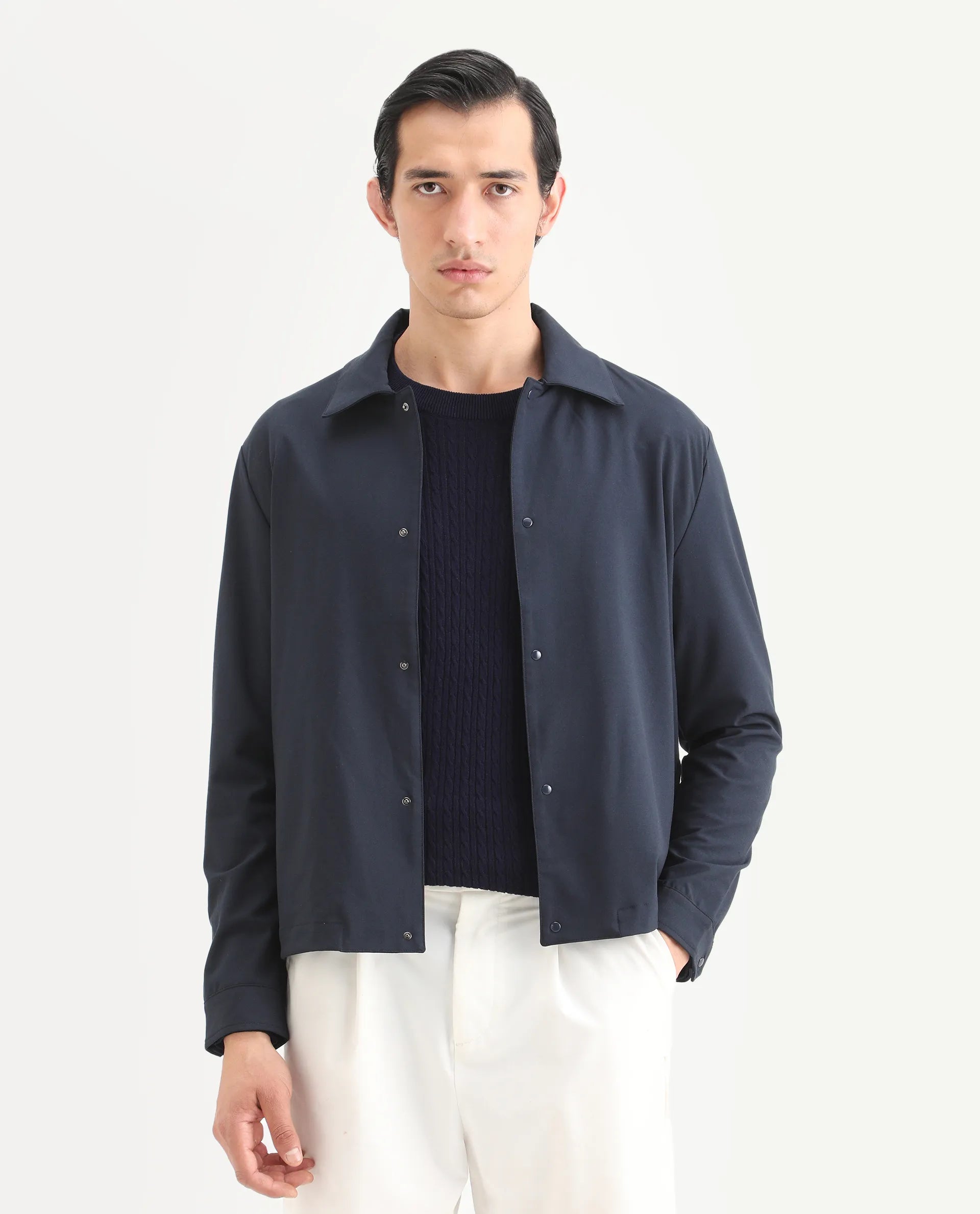 Rare Rabbit Men's Juan Navy Cotton Plain Relaxed Fit Full Sleeve Collared Shacket