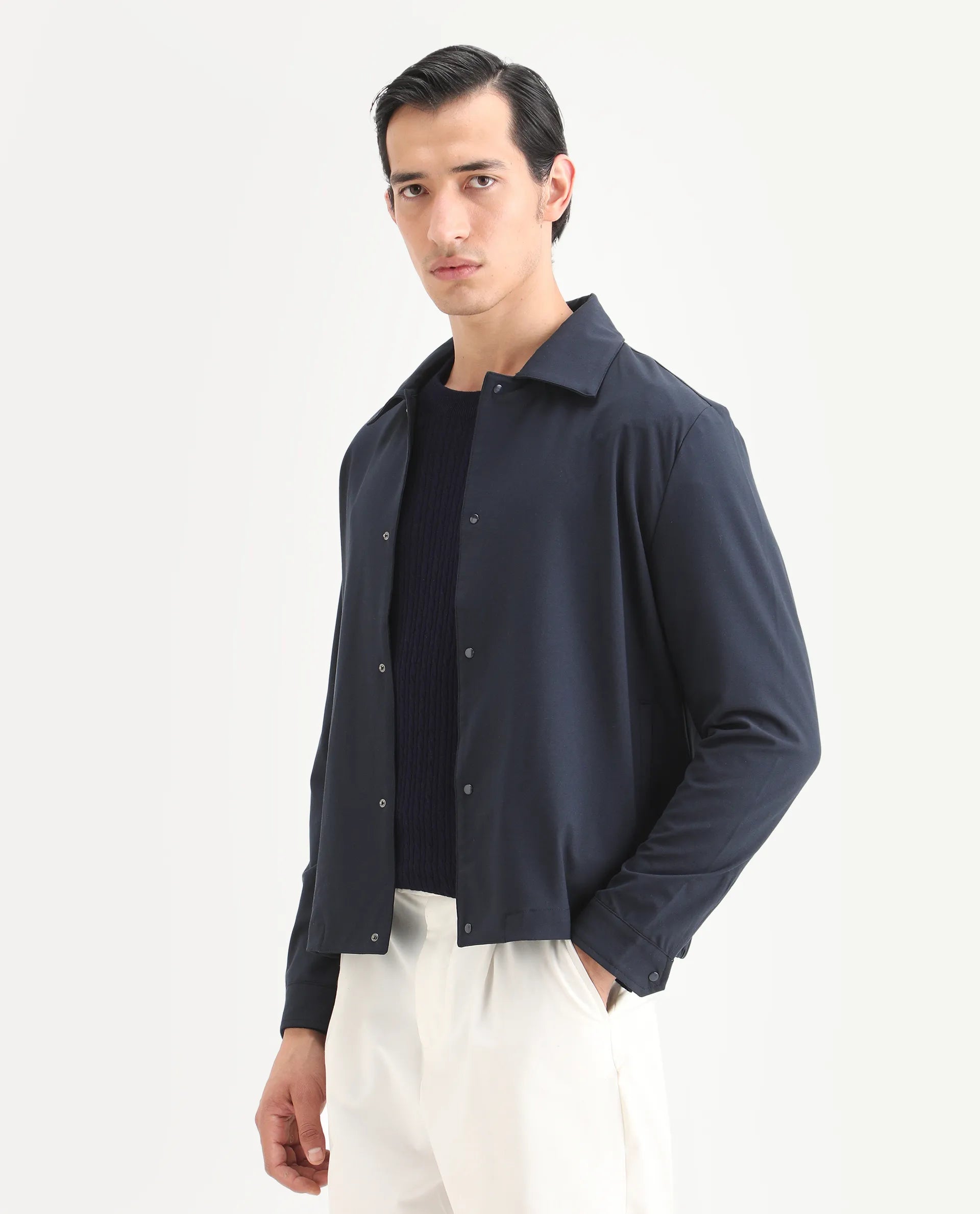 Rare Rabbit Men's Juan Navy Cotton Plain Relaxed Fit Full Sleeve Collared Shacket