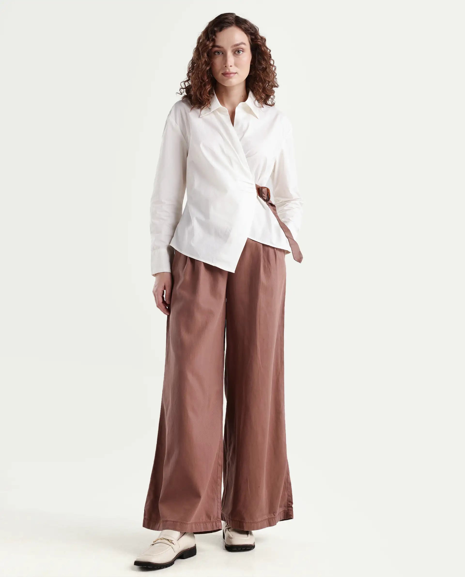 Rareism Women's Bhaleyn B Light Brown Cotton Blend Plain Ankle Length Flared Trouser