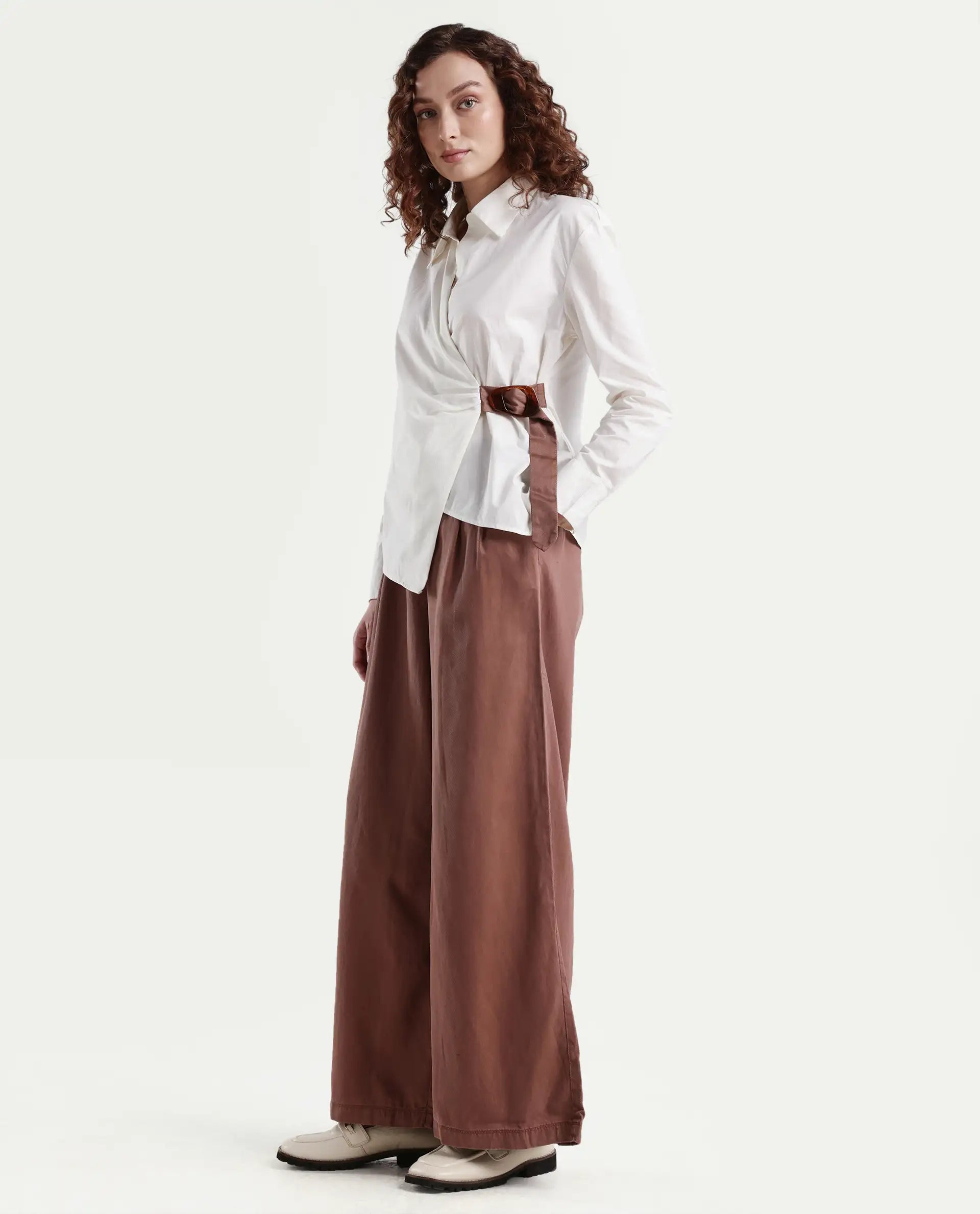 Rareism Women's Bhaleyn B Light Brown Cotton Blend Plain Ankle Length Flared Trouser