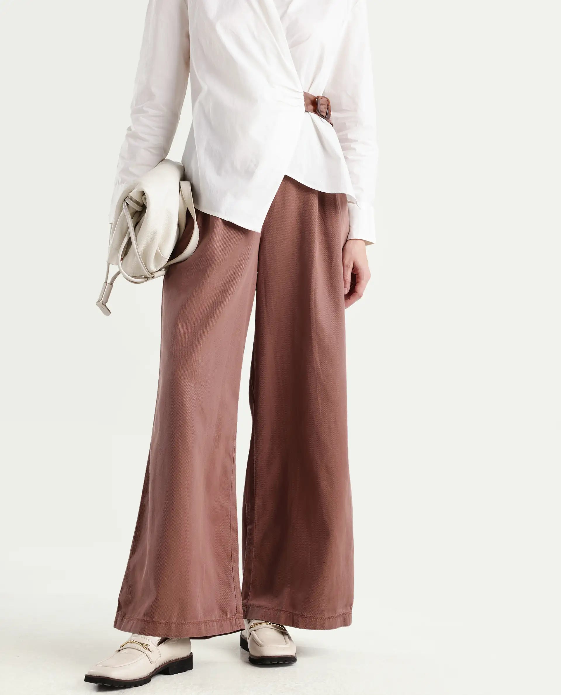 Rareism Women's Bhaleyn B Light Brown Cotton Blend Plain Ankle Length Flared Trouser