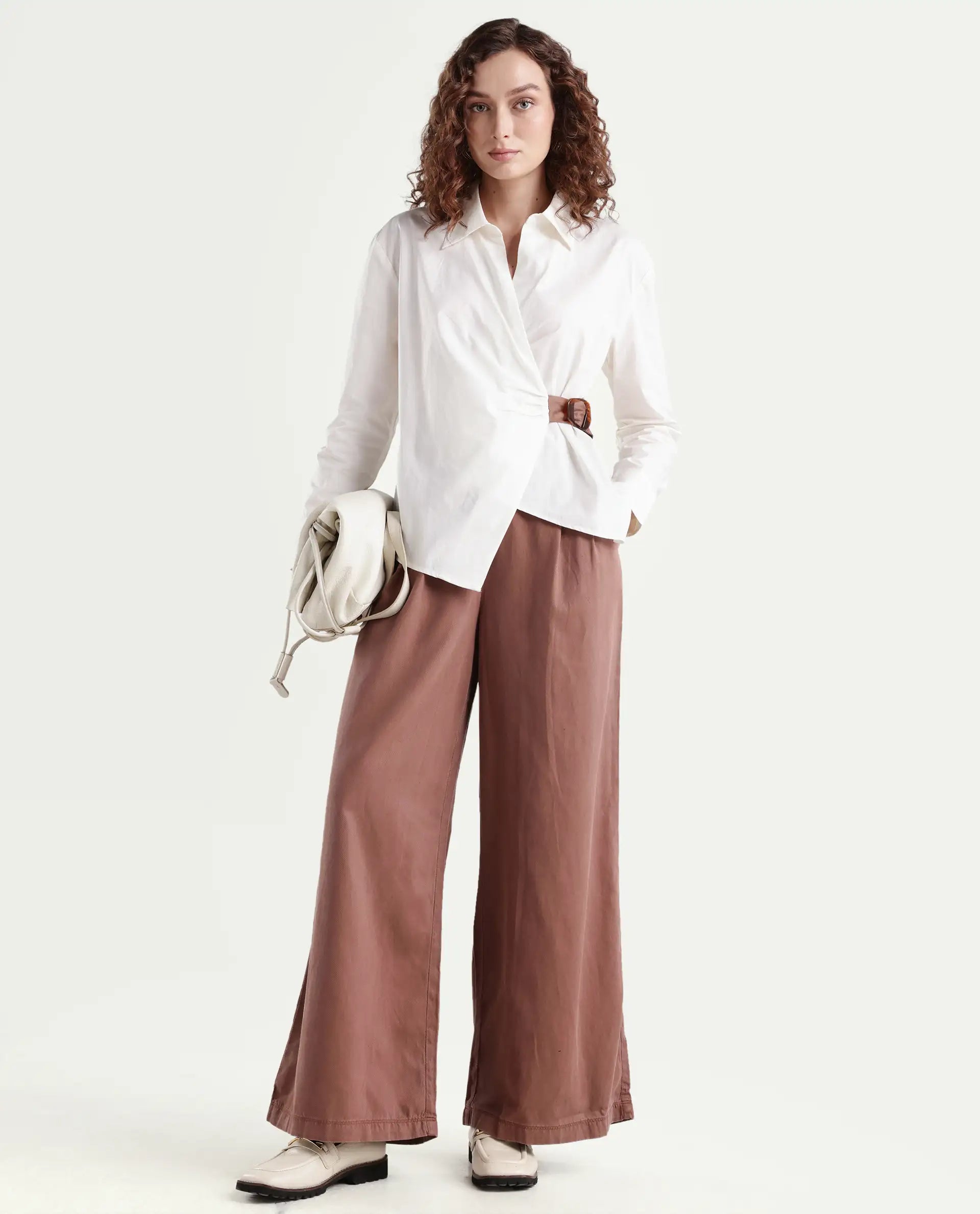 Rareism Women's Bhaleyn B Light Brown Linen Plain Ankle Length Flared Trouser