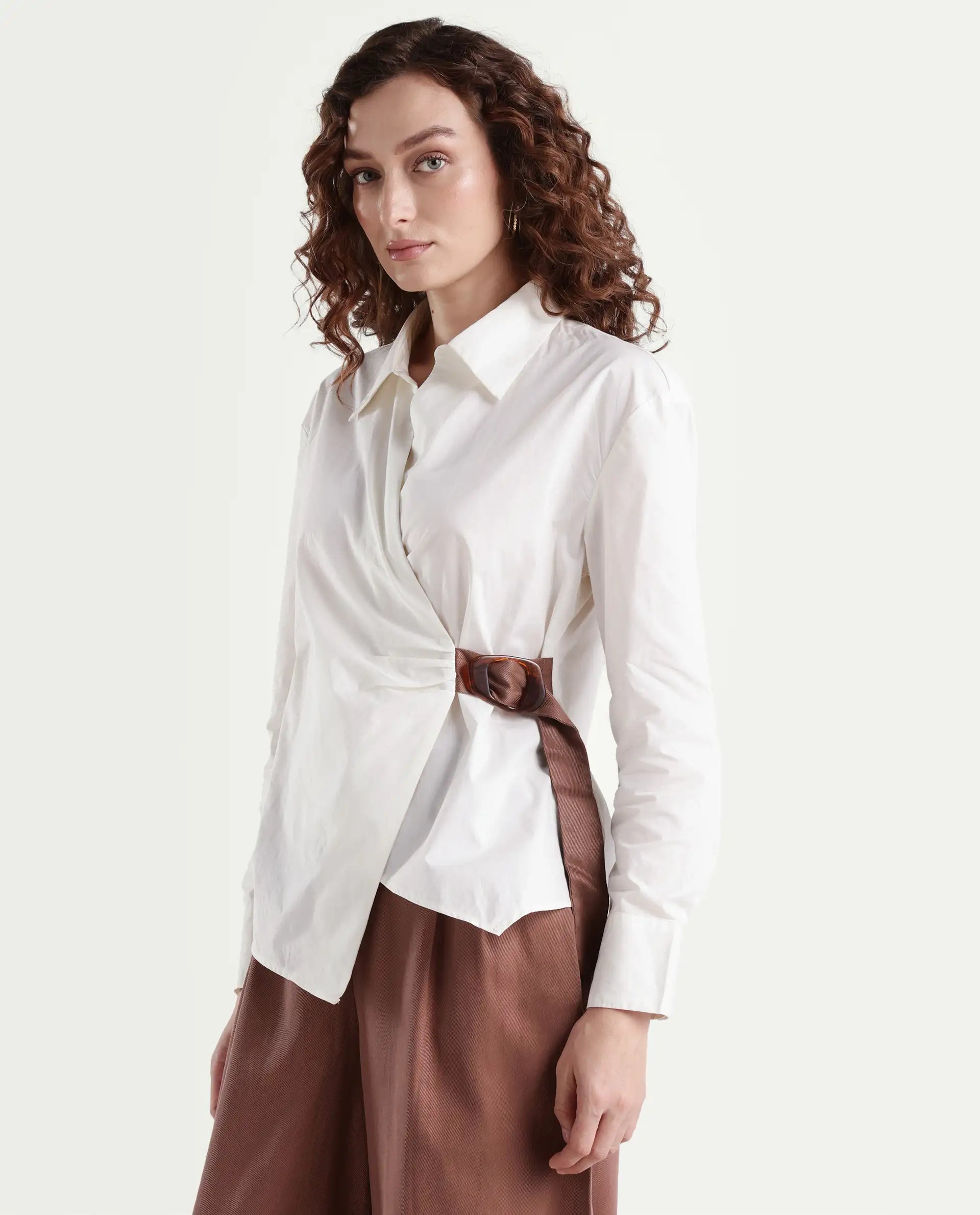 Rareism Women's Bhaleyn-T Off White Cotton Spread Collar Plain Cuffed Sleeve Relaxed Fit Shirt