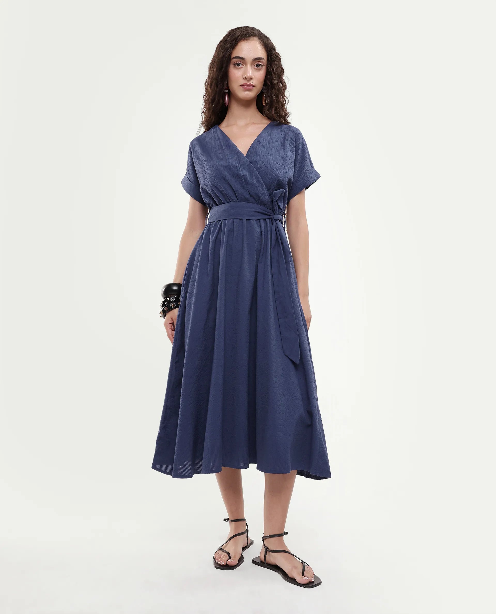 Rareism Women's Bhamin Navy Viscose Overlap Neck Plain Extended Sleeves Midi Fit And Flare Dress