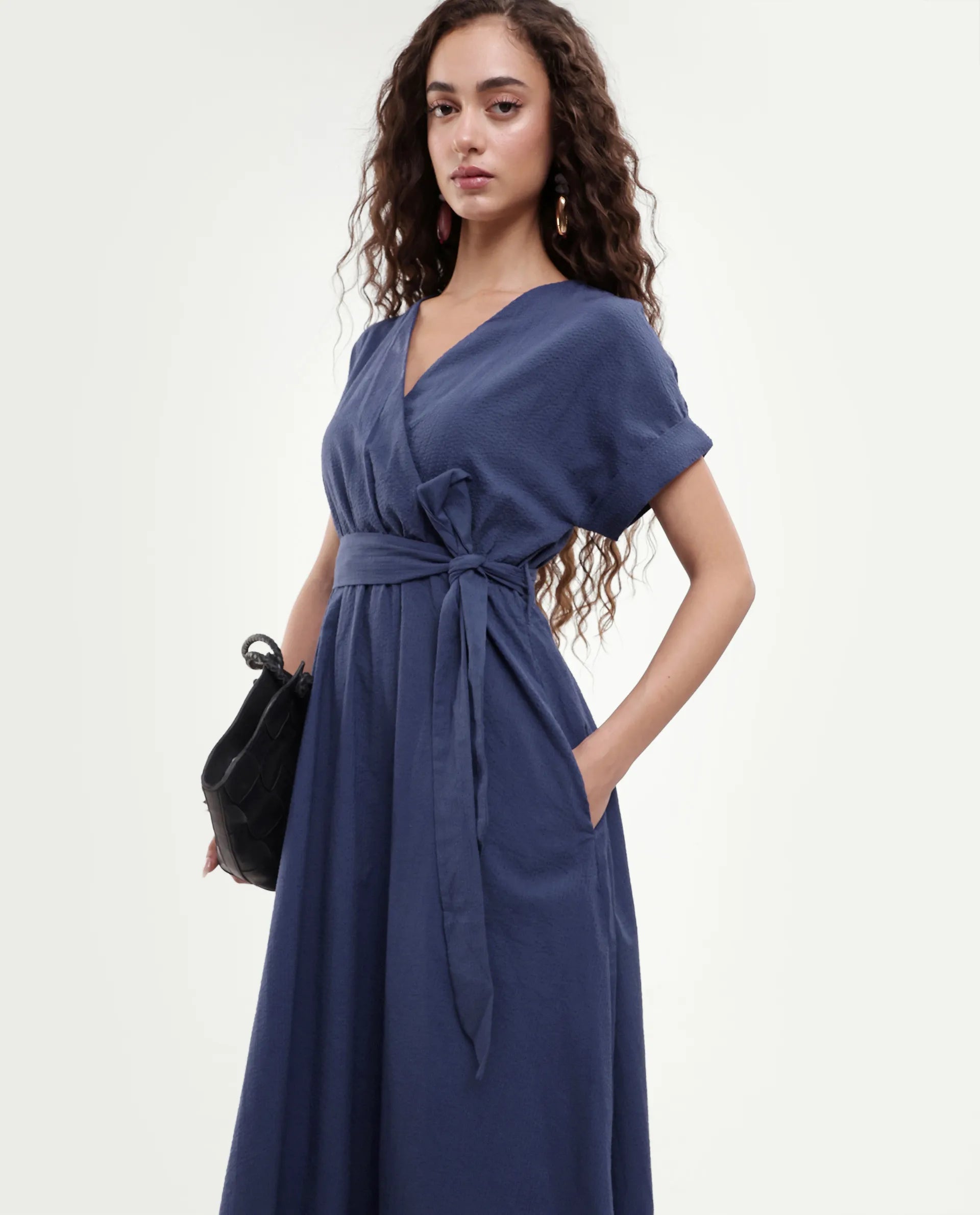 Rareism Women's Bhamin Navy Viscose Overlap Neck Plain Extended Sleeves Midi Fit And Flare Dress