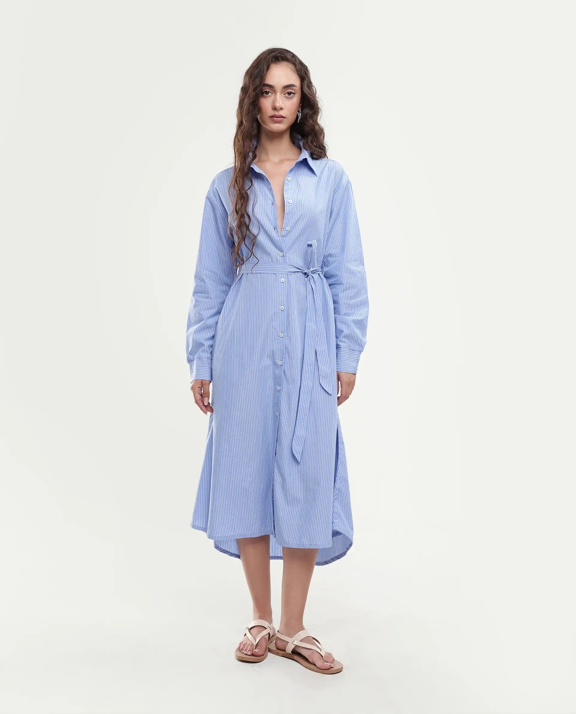 Rareism Women's Bharon Light Blue Cotton Spread Collar Striped Cuffed Sleeve Midi Straight Fit Dress