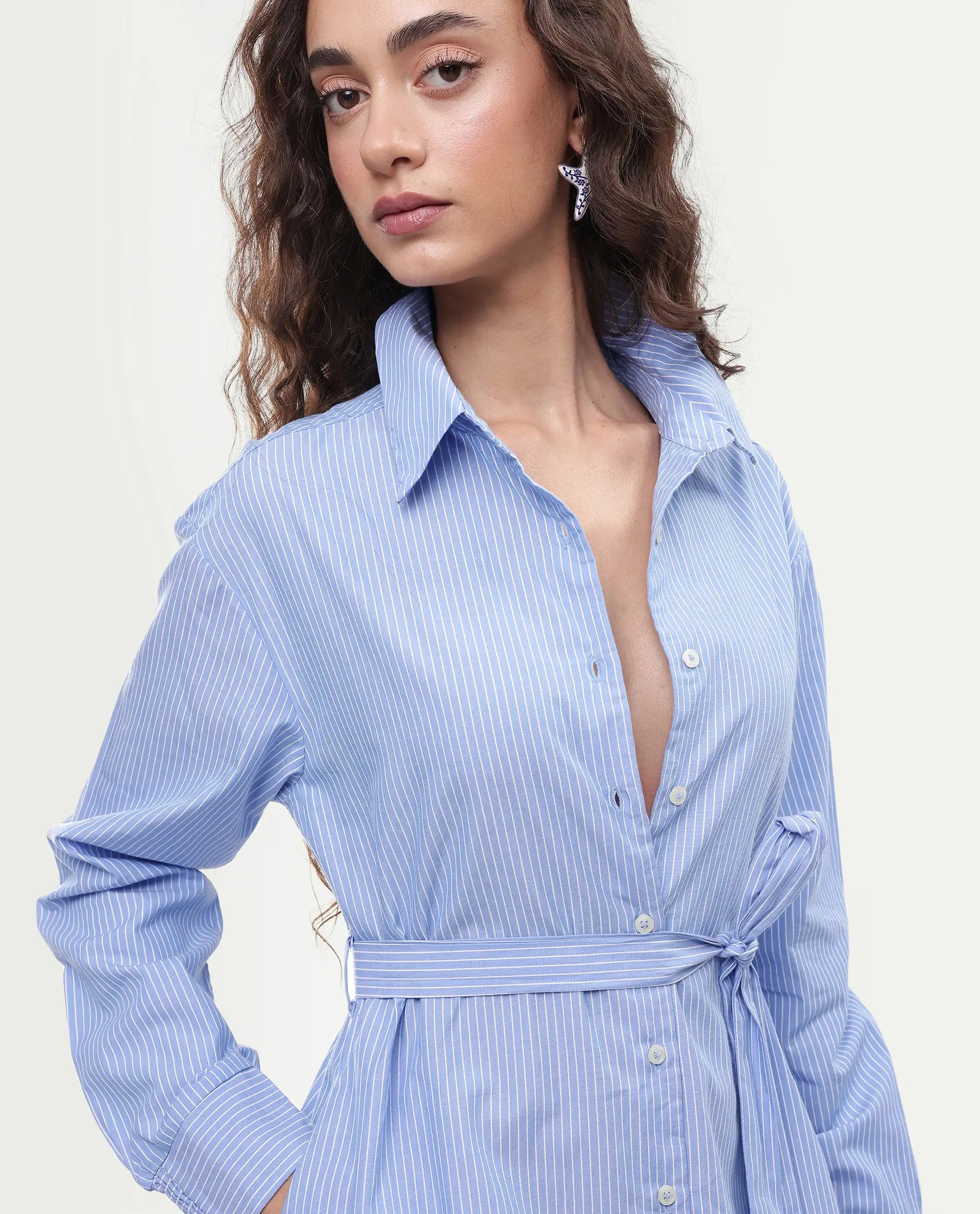 Rareism Women's Bharon Light Blue Cotton Spread Collar Striped Cuffed Sleeve Midi Straight Fit Dress