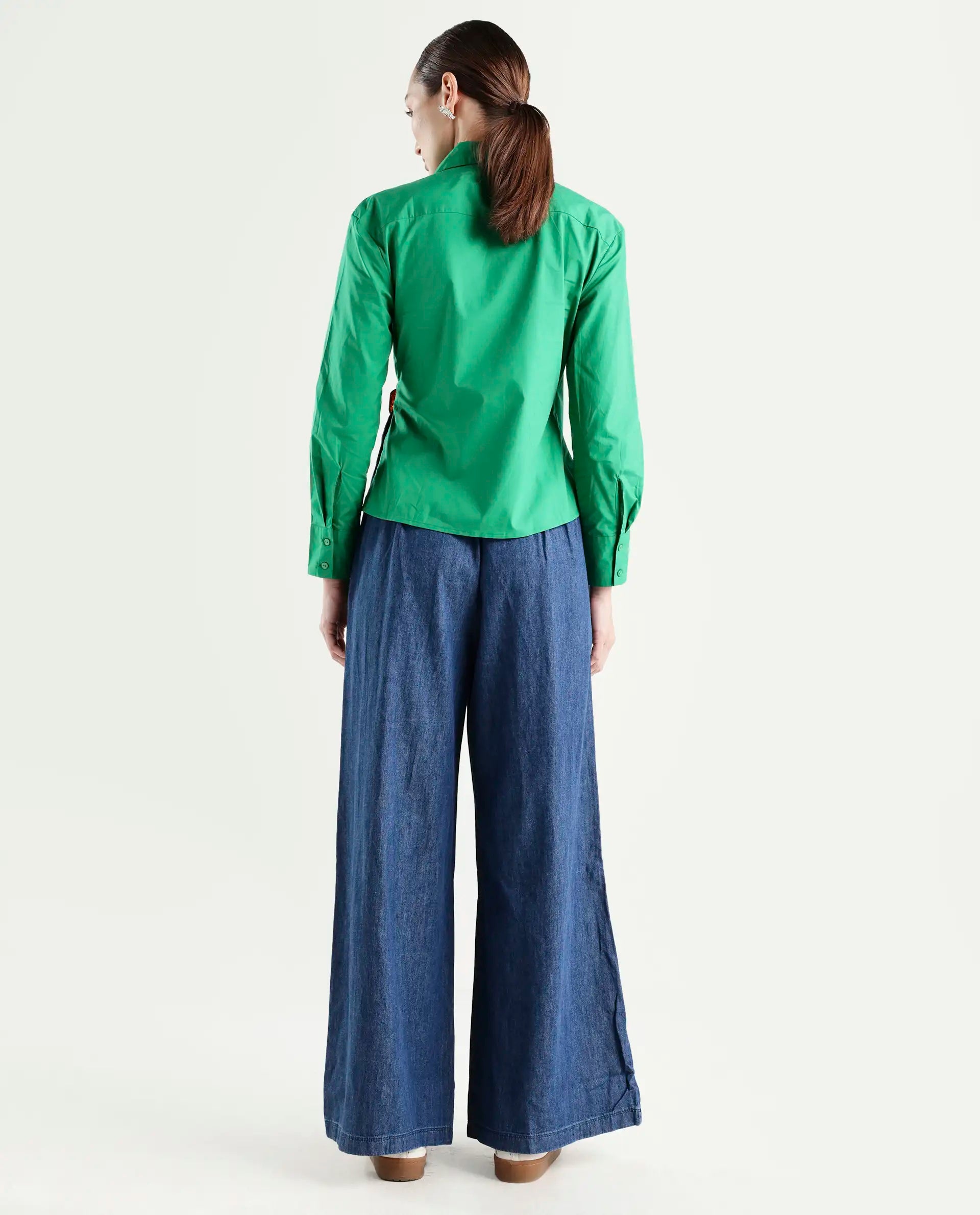 Rareism Women's Bhashio B Dark Blue Polyester Plain Ankle Length Flared Trouser