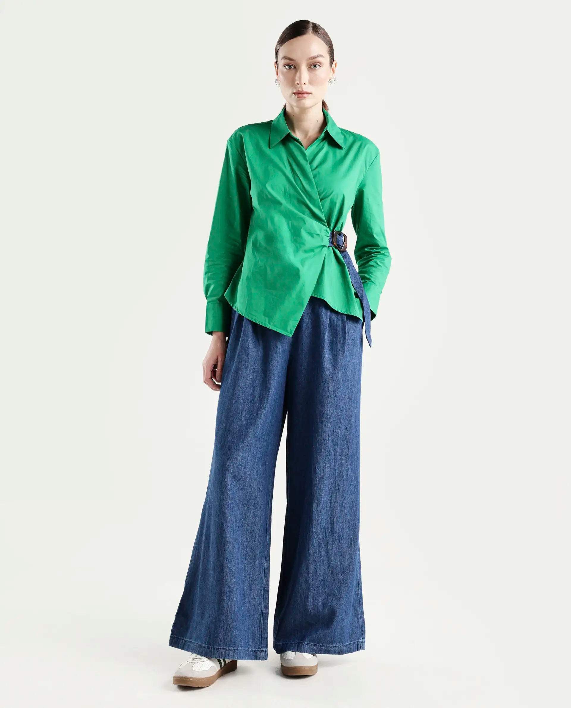 Rareism Women's Bhashio B Dark Blue Polyester Plain Ankle Length Flared Trouser