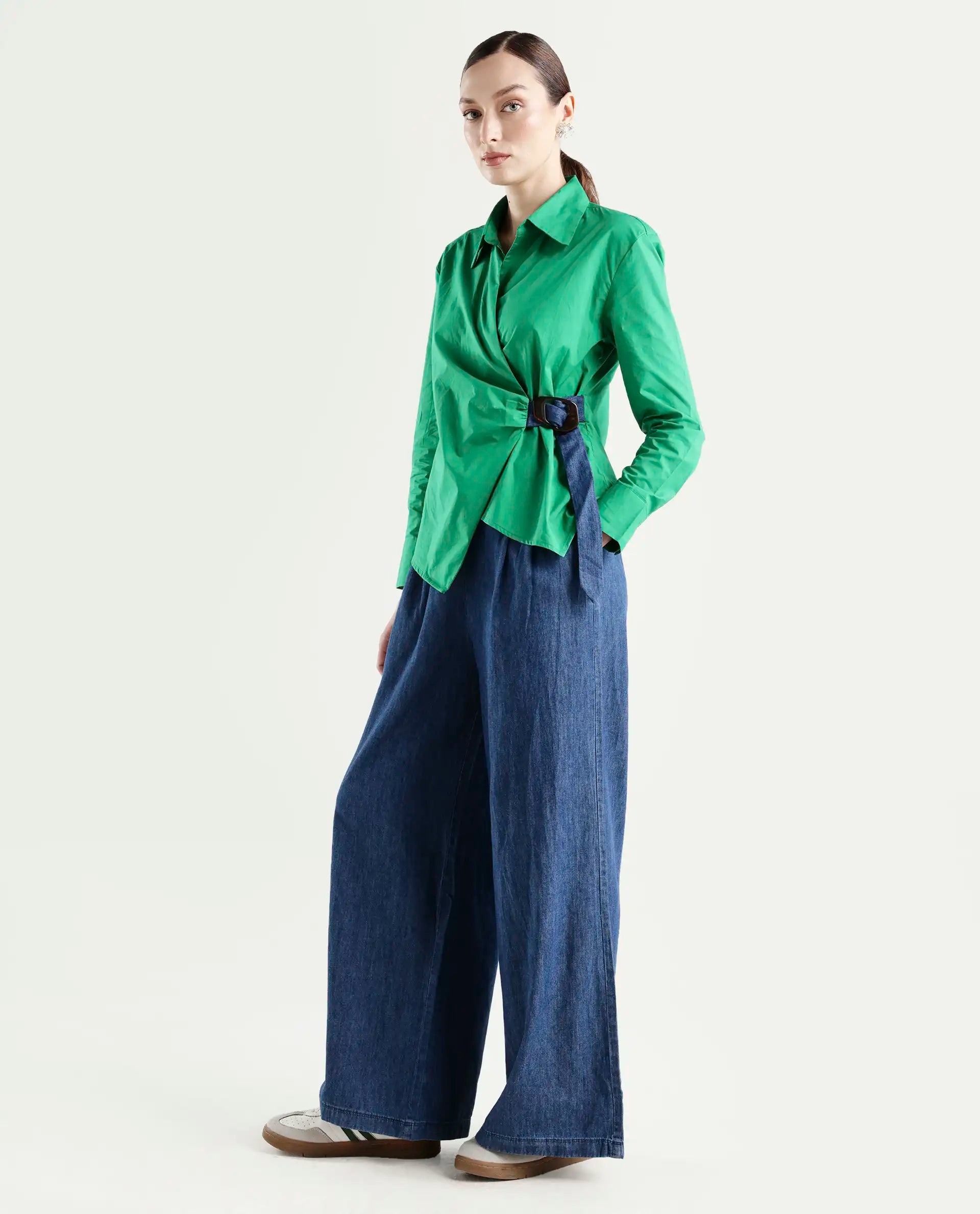 Rareism Women's Bhashio B Dark Blue Polyester Plain Ankle Length Flared Trouser
