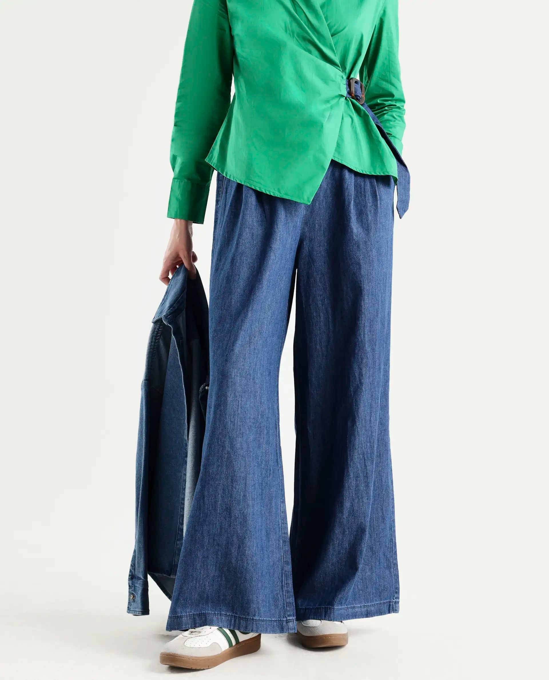 Rareism Women's Bhashio B Dark Blue Polyester Plain Ankle Length Flared Trouser
