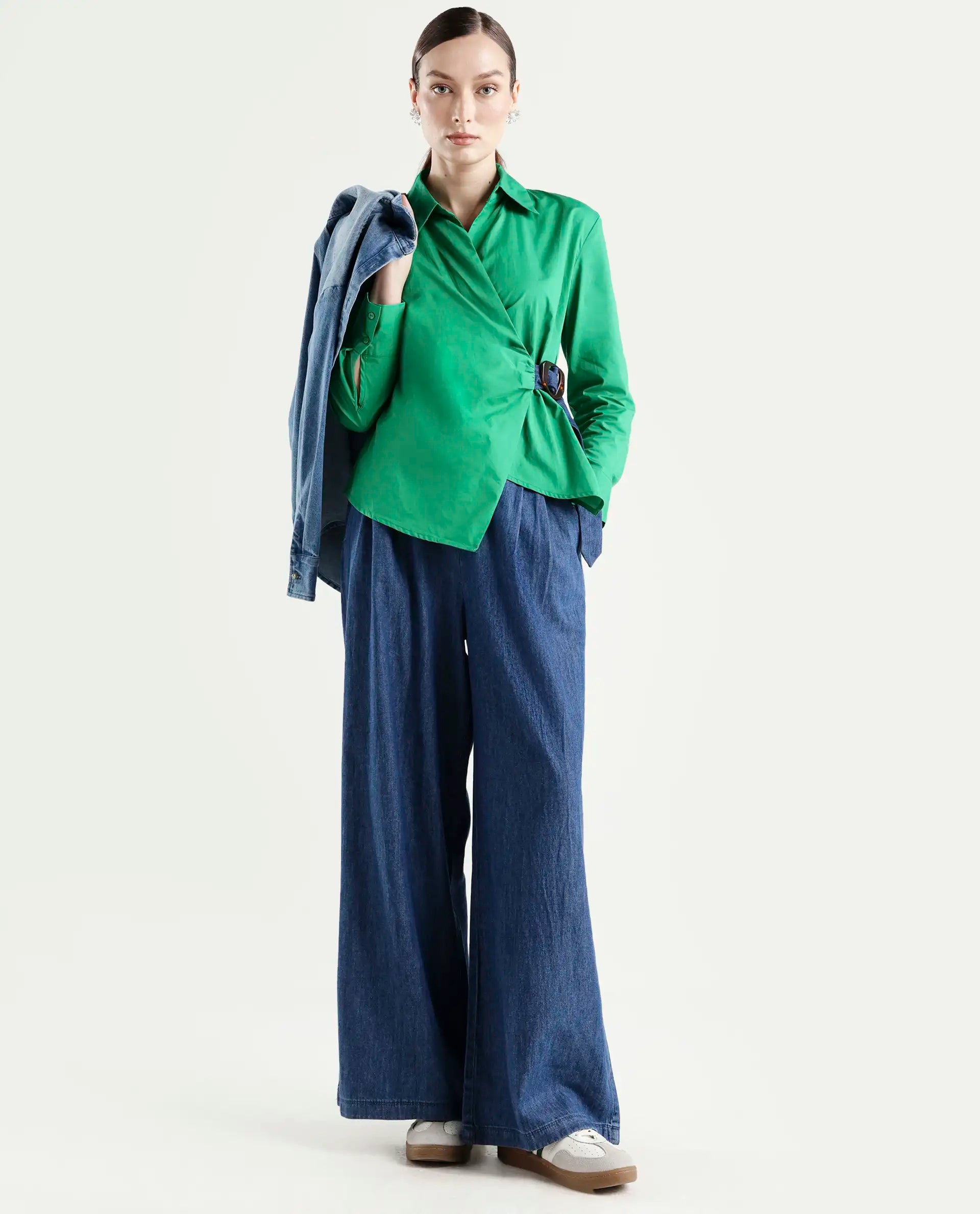 Rareism Women's Bhashio B Dark Blue Polyester Plain Ankle Length Flared Trouser