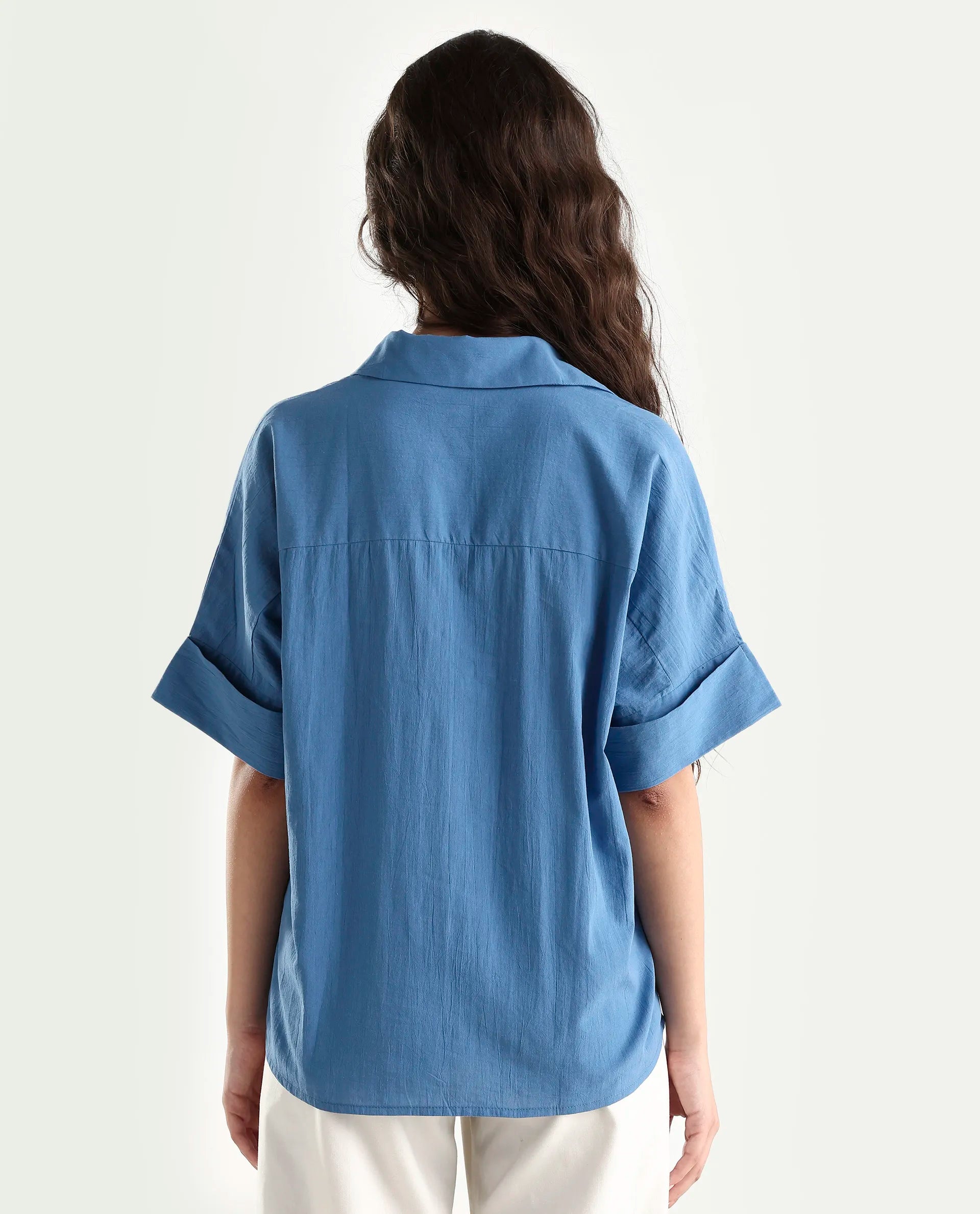 Rareism Women's Bhayas Blue Cotton Johnny Collar Plain Extended Sleeves Boxy Fit Top