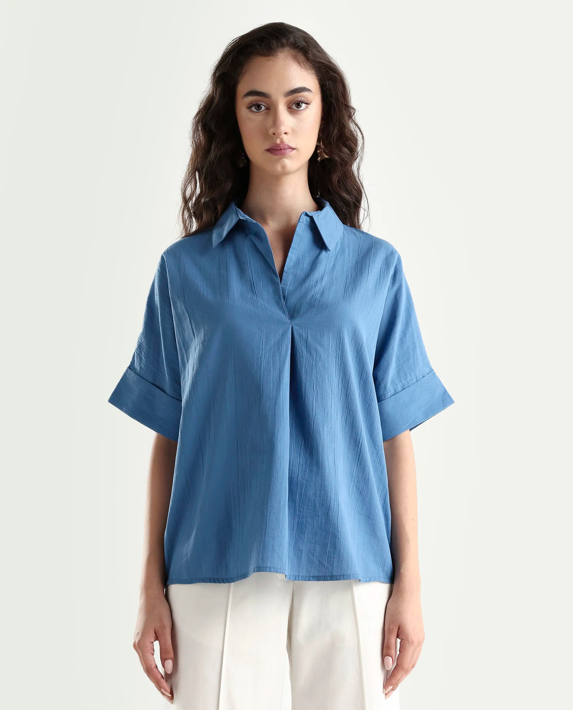 Rareism Women's Bhayas Blue Cotton Johnny Collar Plain Extended Sleeves Boxy Fit Top