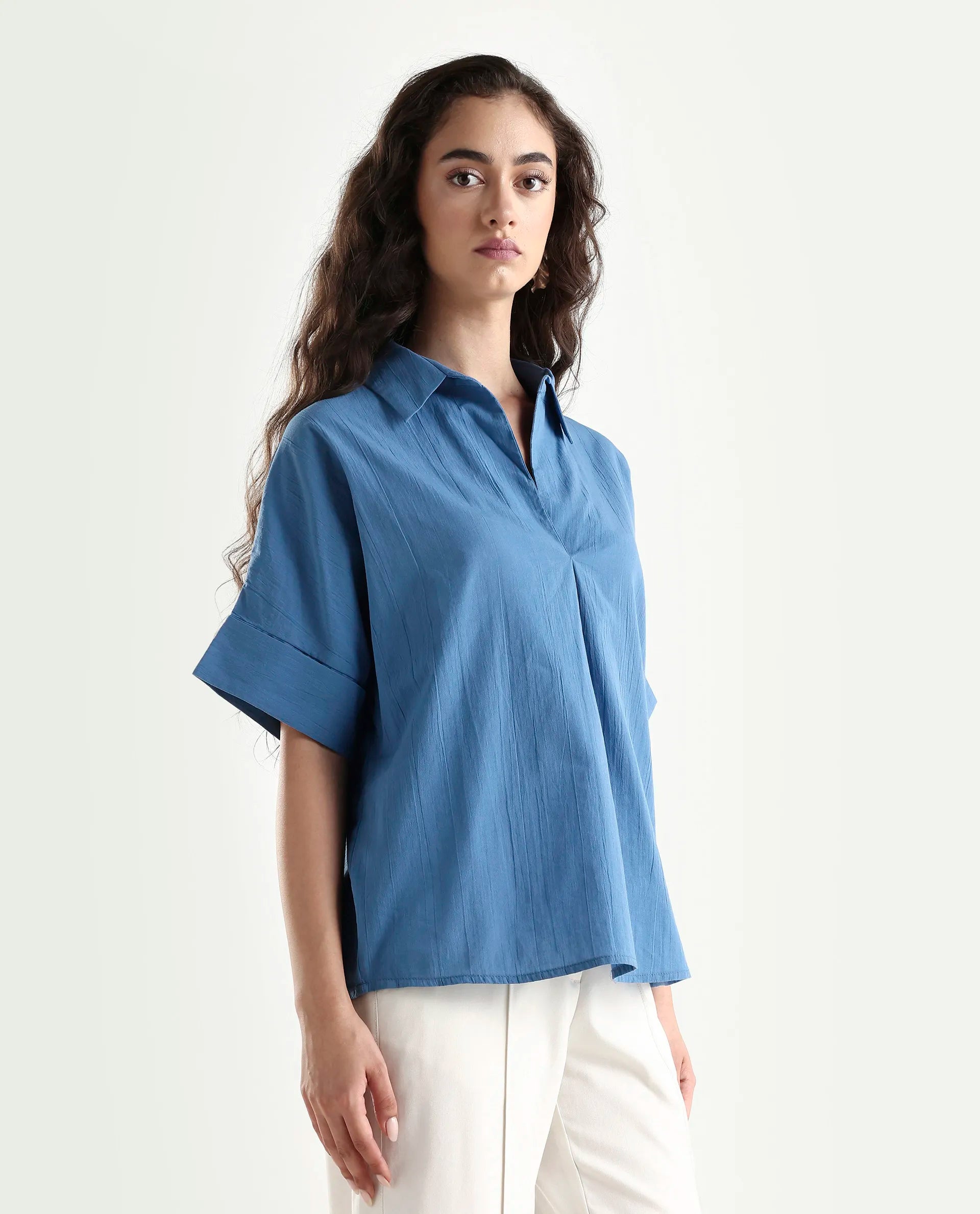 Rareism Women's Bhayas Blue Cotton Johnny Collar Plain Extended Sleeves Boxy Fit Top