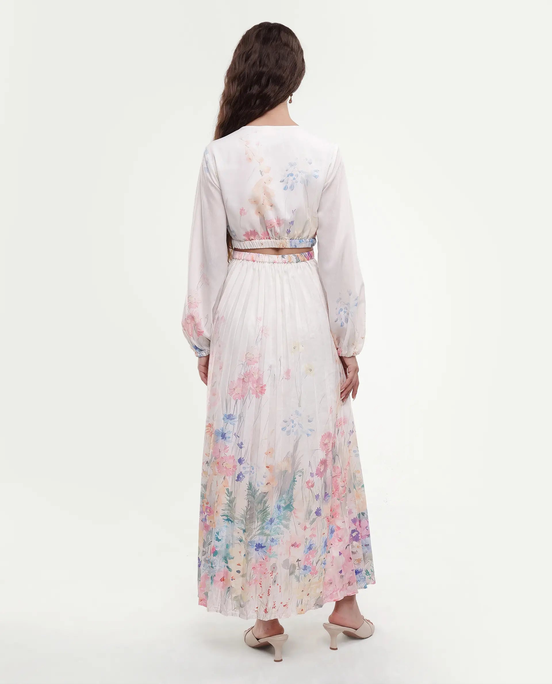 Rareism Women's Preger Multi Polyester V-Neck Floral Print Midi Fit And Flare Dress
