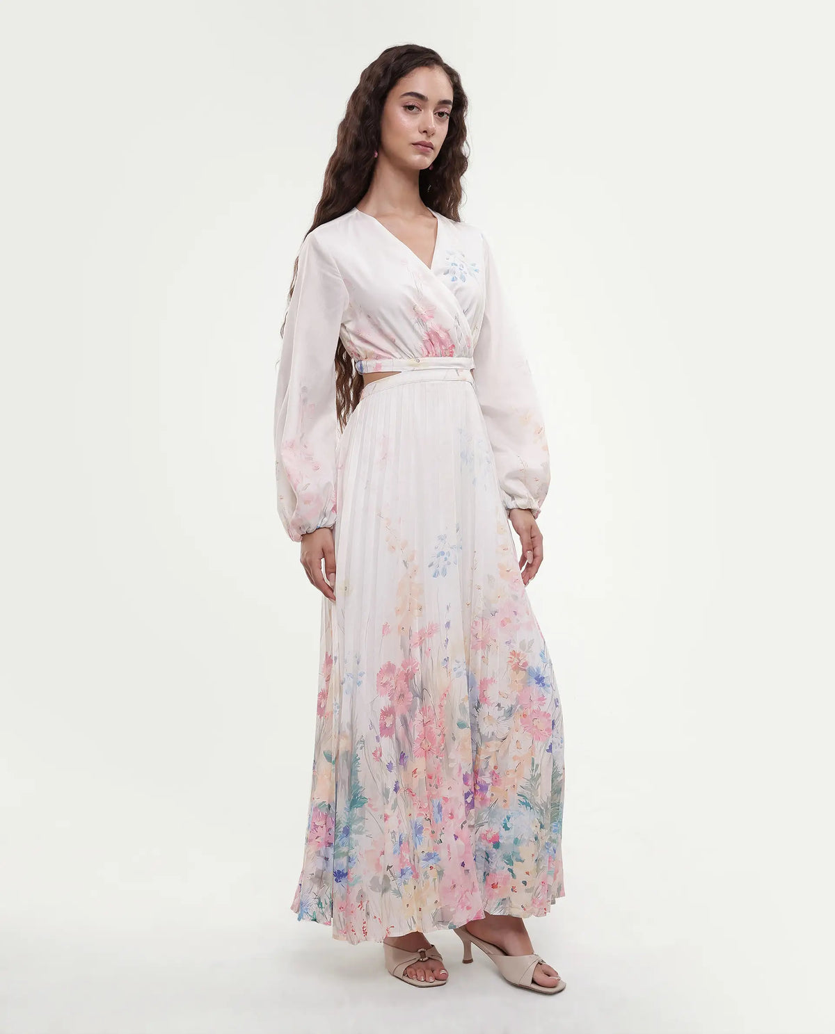 Rareism Women's Preger Multi Polyester V-Neck Floral Print Midi Fit And Flare Dress