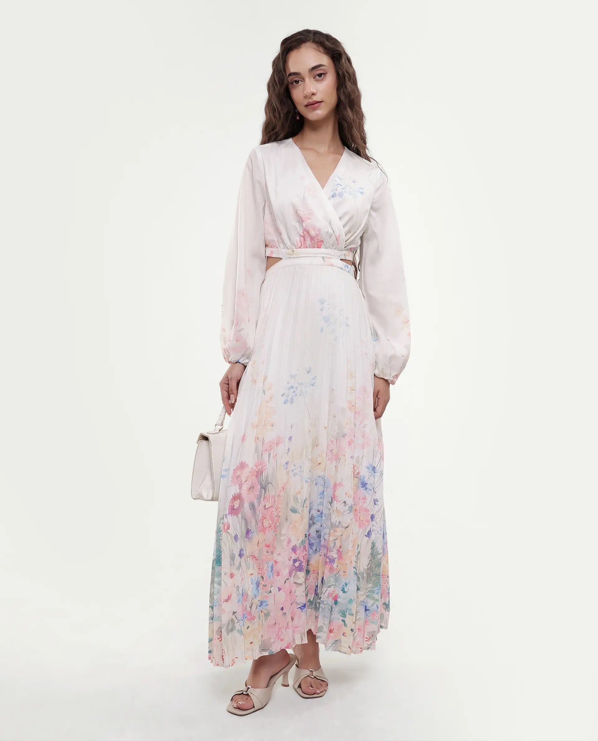 Rareism Women's Preger Multi Polyester V-Neck Floral Print Midi Fit And Flare Dress