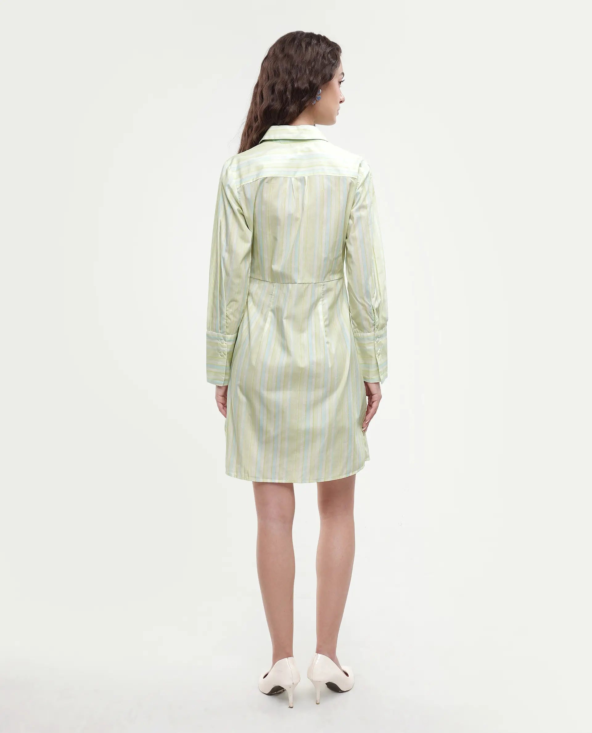 Rareism Women's Pregun Multi Cotton Johnny Collar Striped Mini Straight Fit Dress
