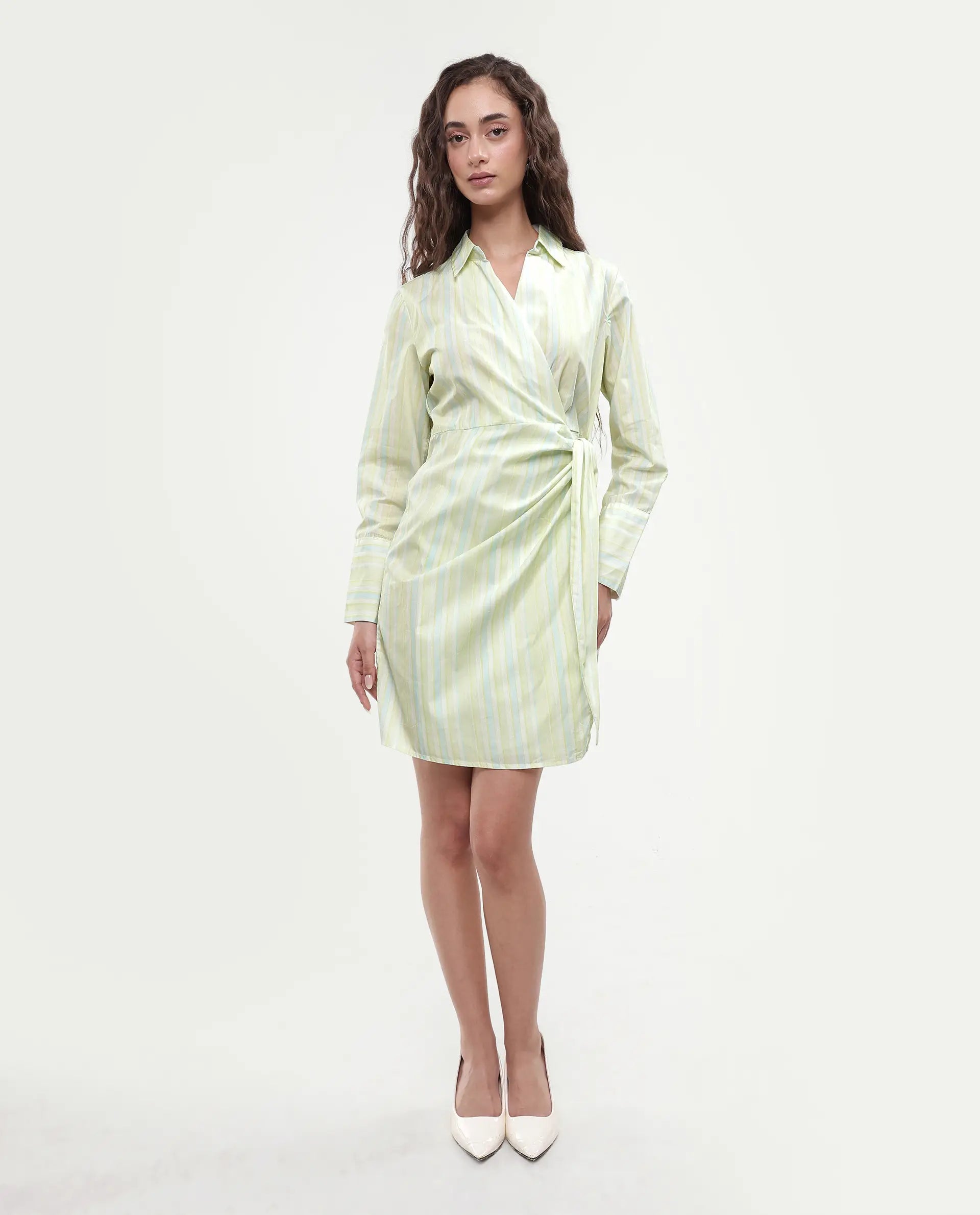 Rareism Women's Pregun Multi Cotton Johnny Collar Striped Mini Straight Fit Dress