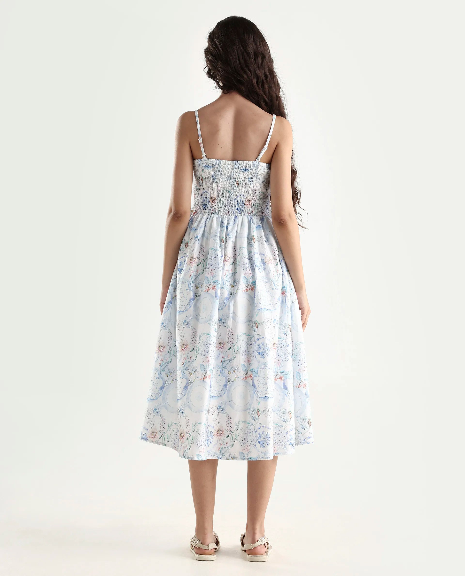 Rareism Women's Prenup Multi Cotton Tube Neck Abstract Print Sleeveless Midi Fit And Flare Dress