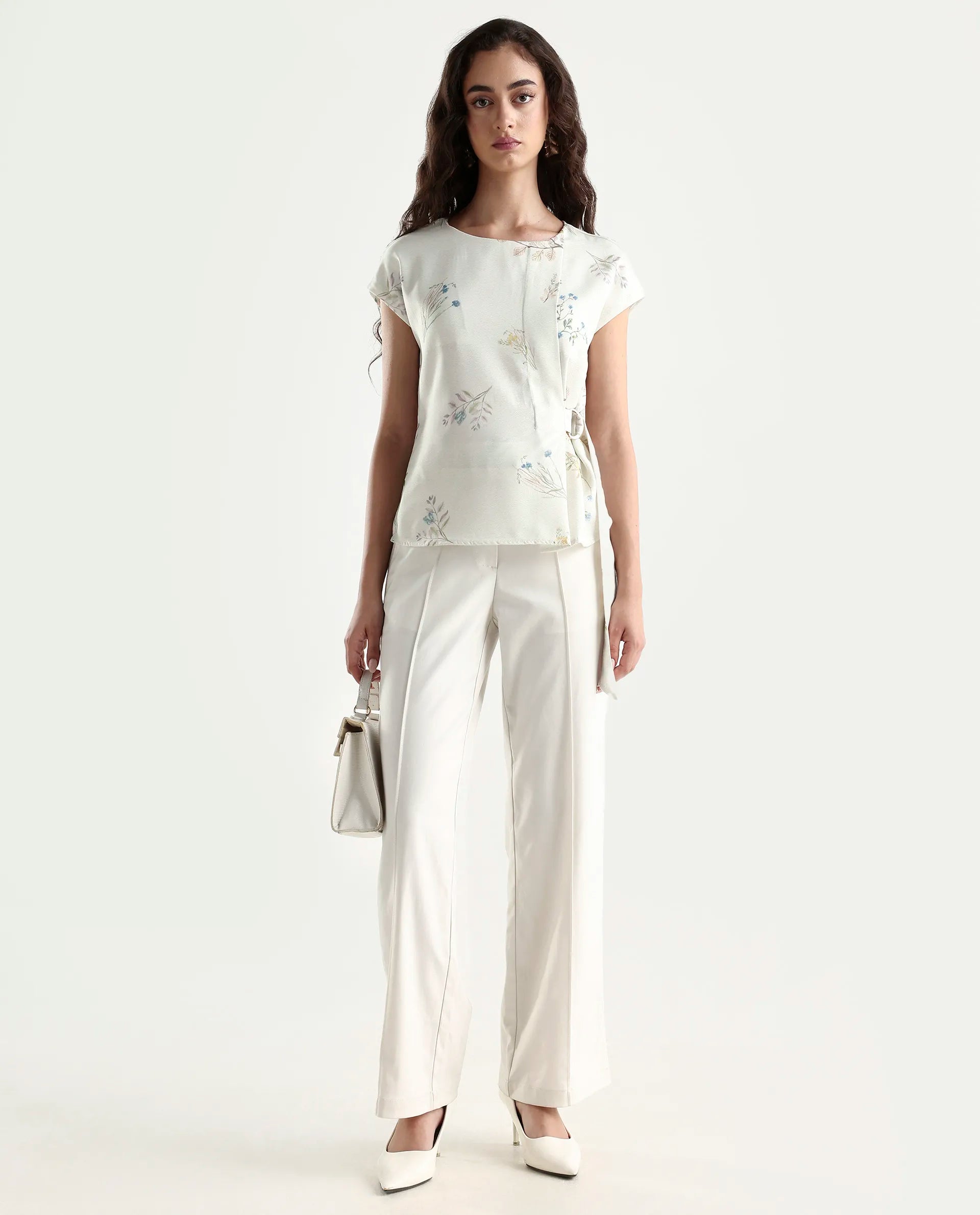 Rareism Women's Prerthi Multi Polyester Round Neck Floral Print Extended Sleeves Regular Fit Top