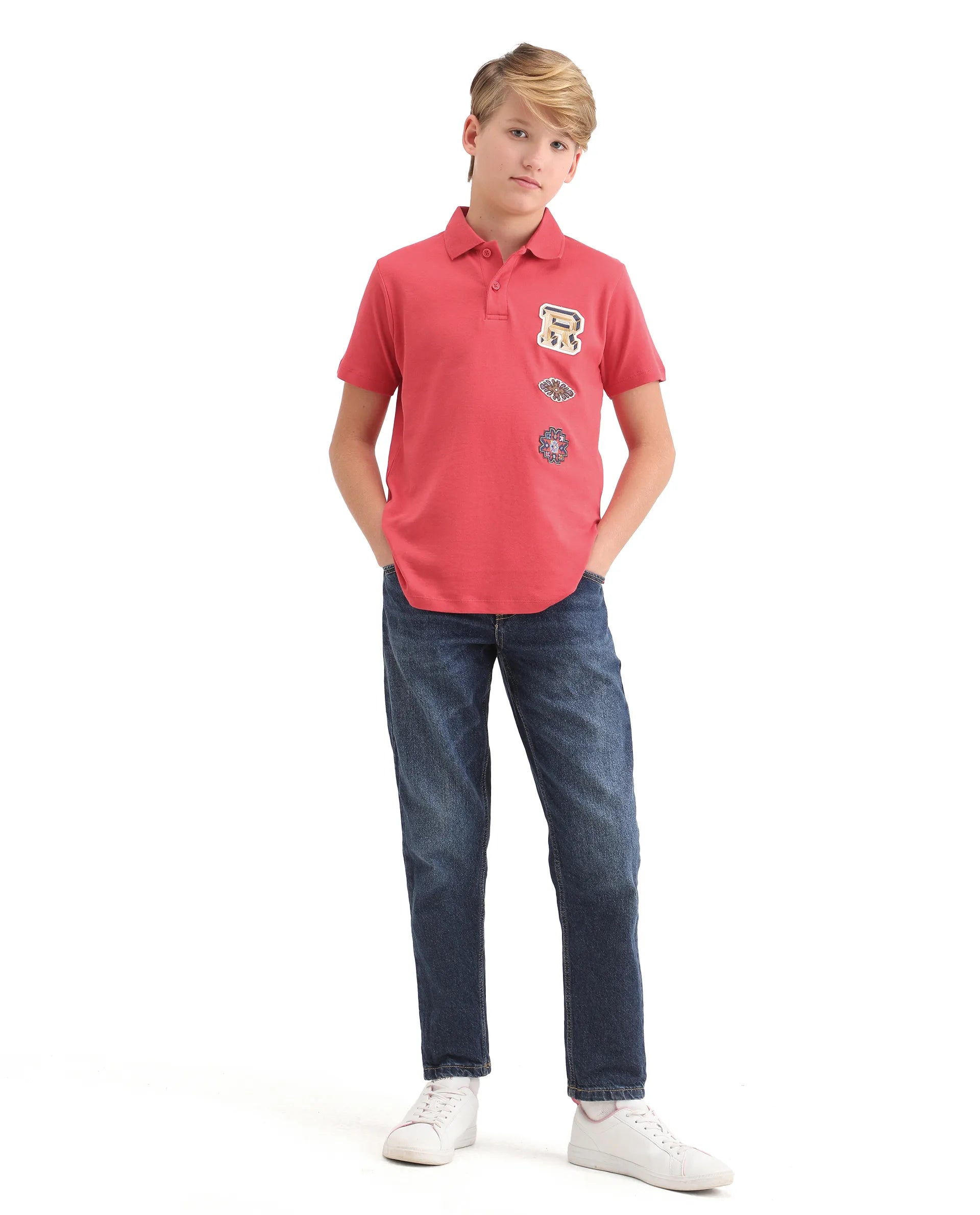 Rare Ones Kids Zyra Red Cotton Half Sleeve Button Closure Printed Regular Fit Polo