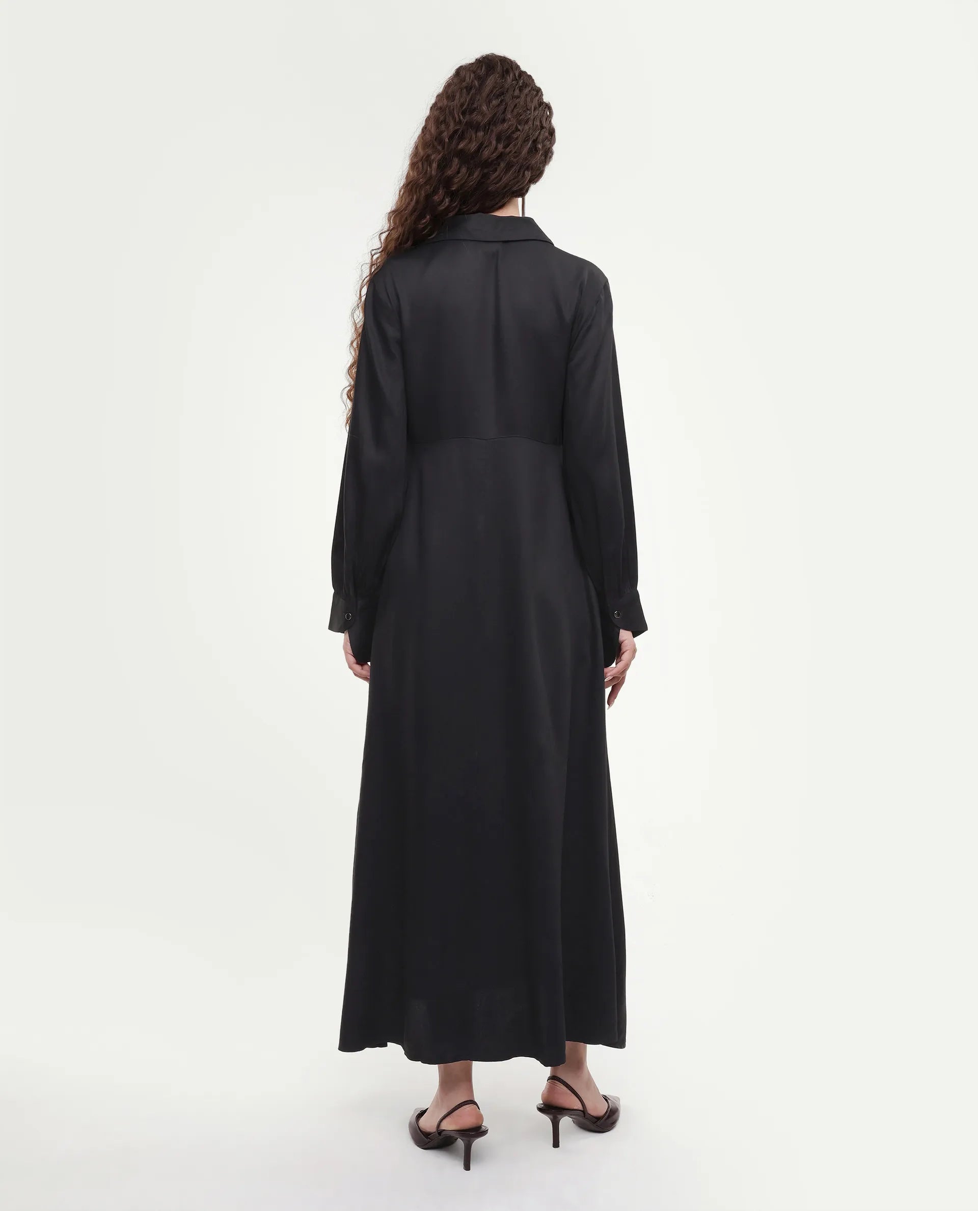 Rareism Women's Ane Black Viscose Full Sleeve Spread Collar Fit And Flare Dress