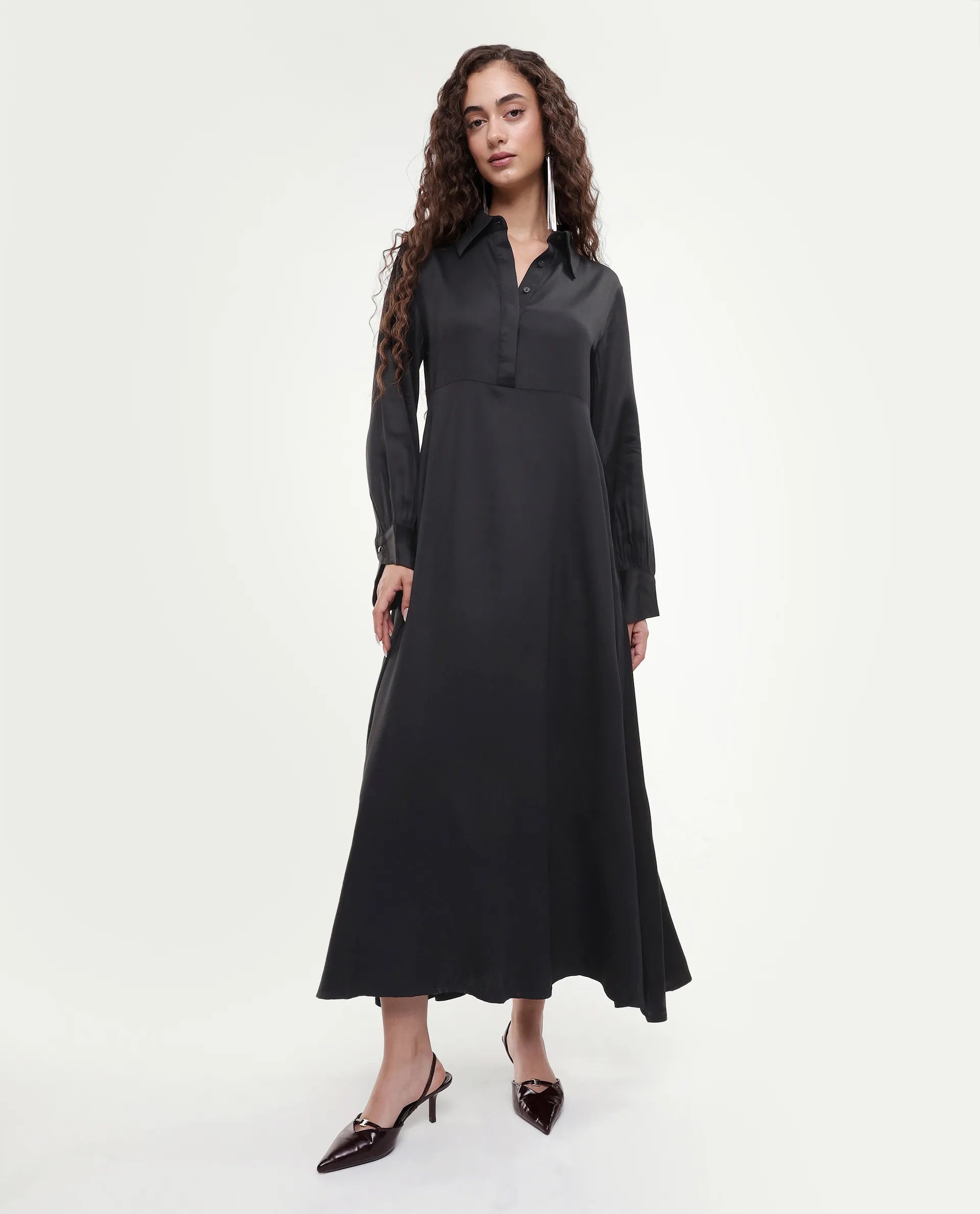 Rareism Women's Ane Black Viscose Full Sleeve Spread Collar Fit And Flare Dress