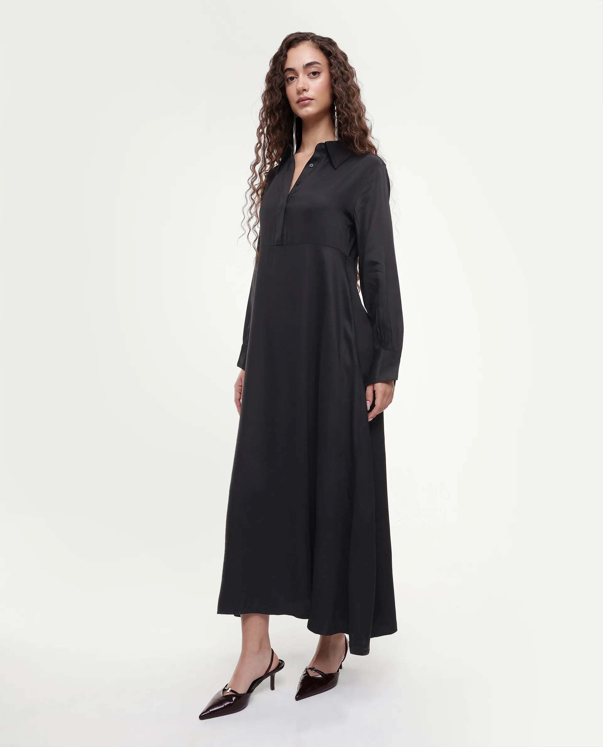 Rareism Women's Ane Black Viscose Full Sleeve Spread Collar Fit And Flare Dress