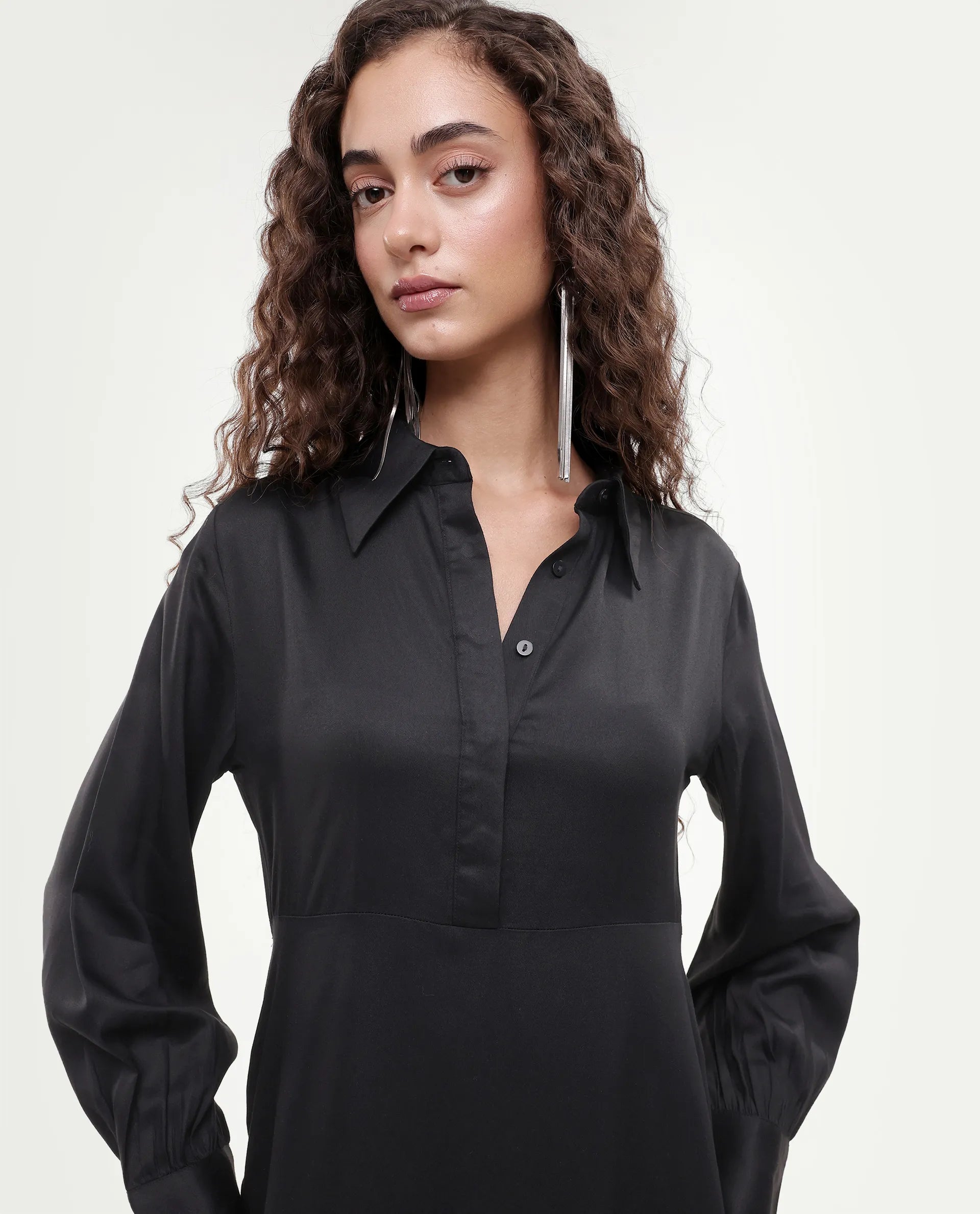 Rareism Women's Ane Black Viscose Full Sleeve Spread Collar Fit And Flare Dress