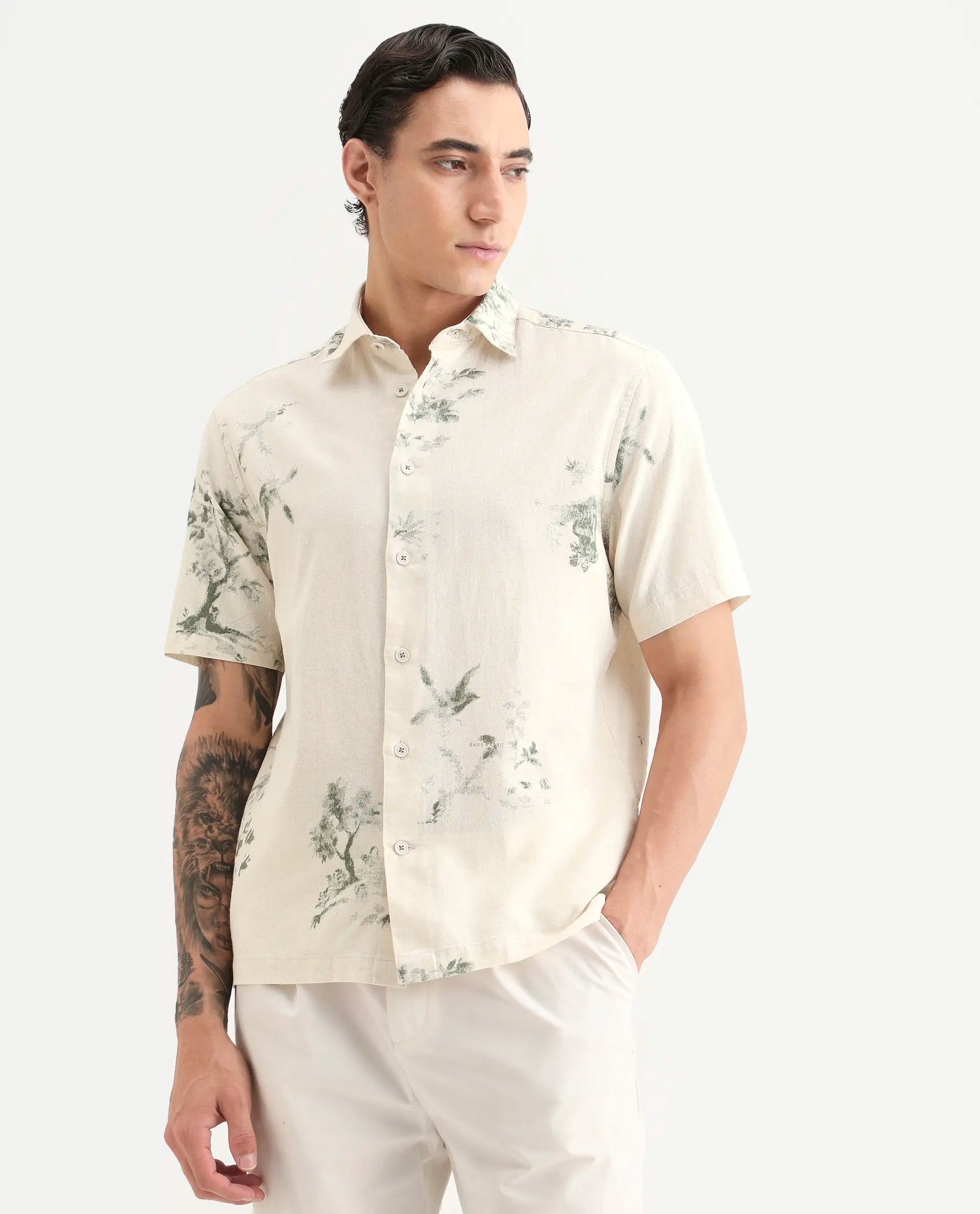 Rare Rabbit Men's Murpo Green Cotton Fabric Half Sleeve Spread Collar Regular Fit Printed Shirt