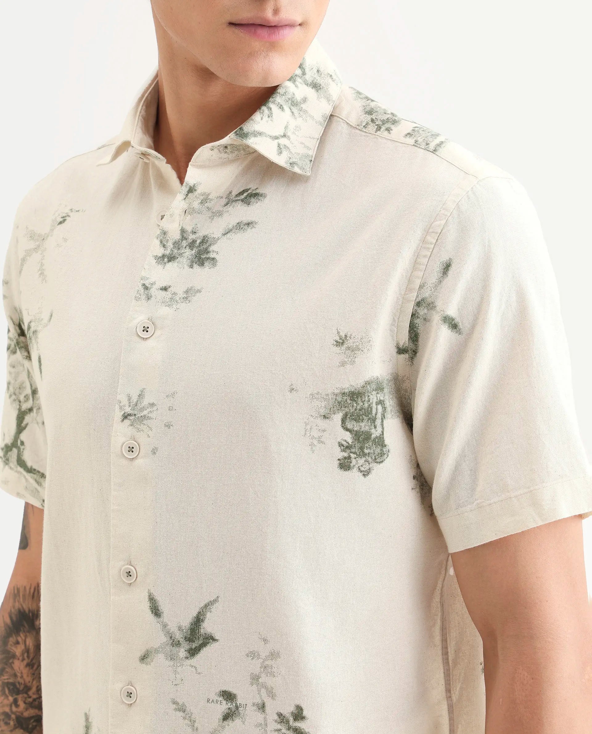 Rare Rabbit Men's Murpo Green Cotton Fabric Half Sleeve Spread Collar Regular Fit Printed Shirt