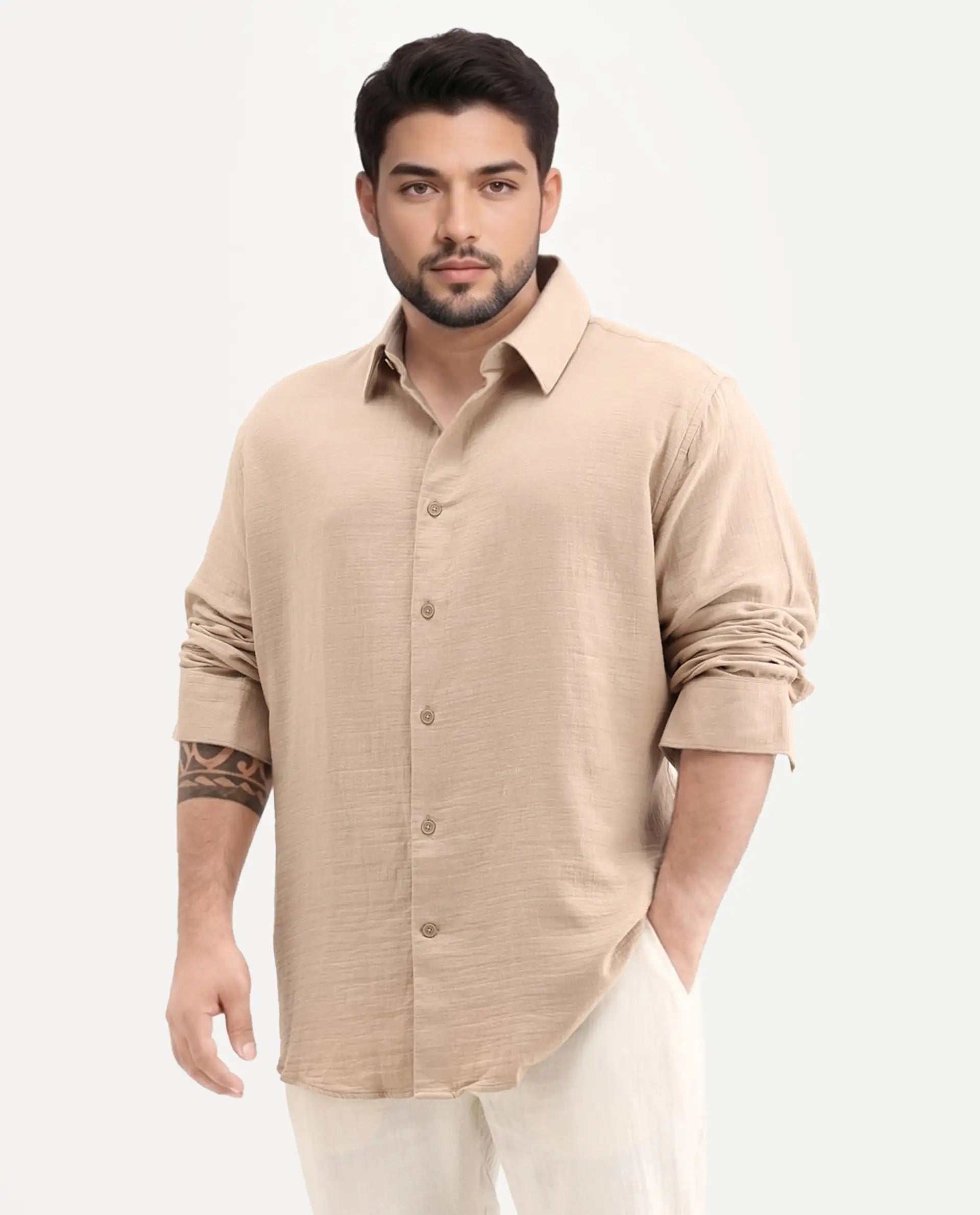 Rare Rabbit Men Enim-L Beige Cotton Fabric Full Sleeve Spread Collar Button Closure Relaxed Fit Plain Shirt