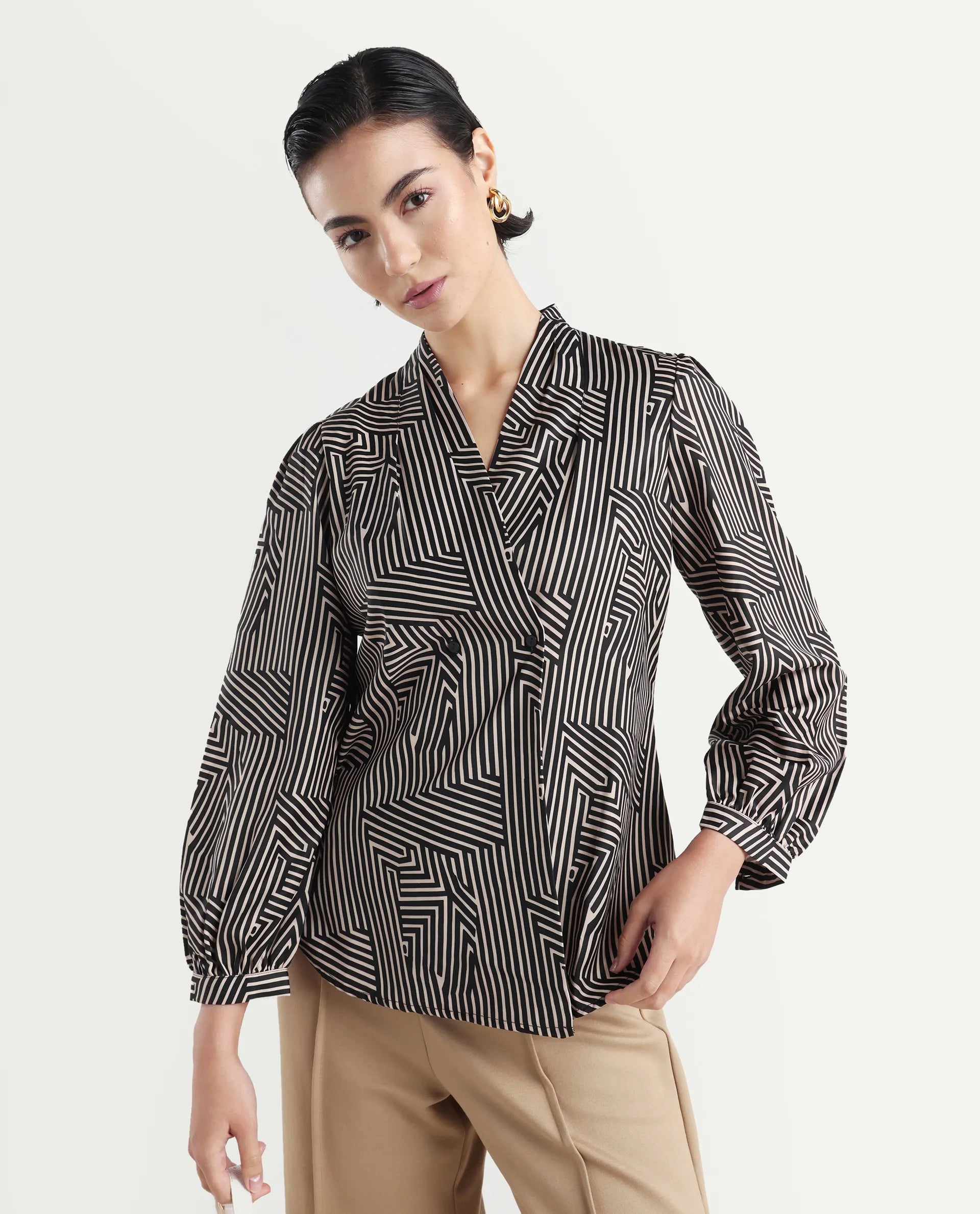 Rareism Women's Alie Black Satin Overlap Neck Geometric Print Bishop Sleeve Regular Fit Top