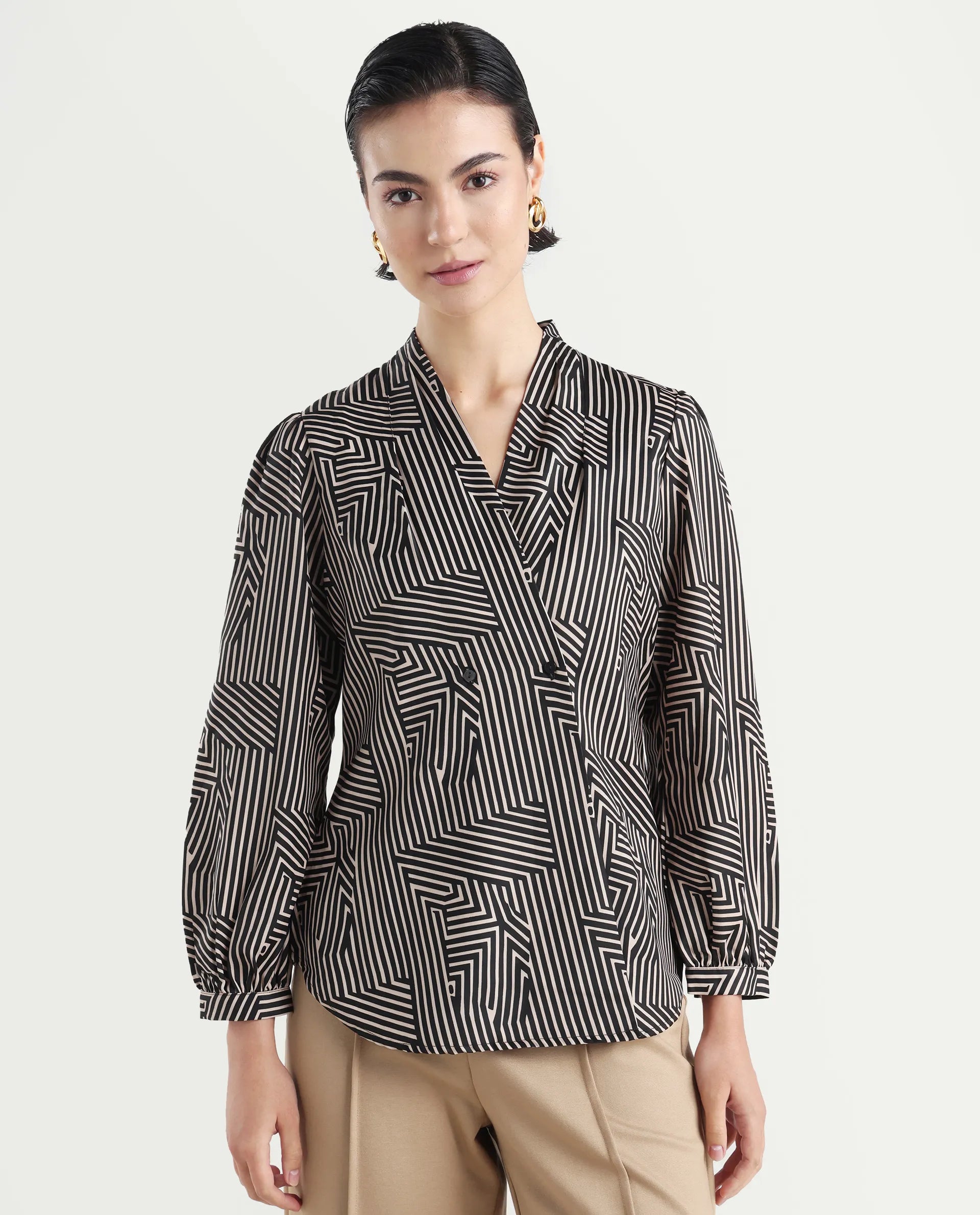 Rareism Women's Alie Black Satin Overlap Neck Geometric Print Bishop Sleeve Regular Fit Top