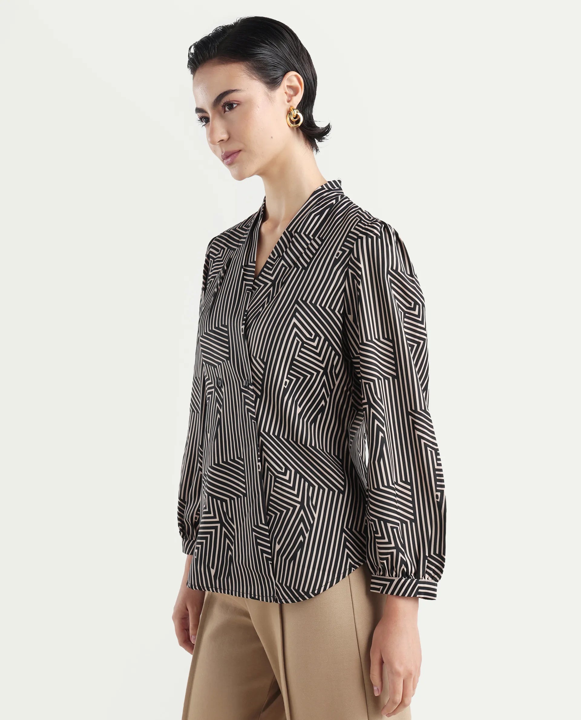 Rareism Women's Alie Black Satin Overlap Neck Geometric Print Bishop Sleeve Regular Fit Top