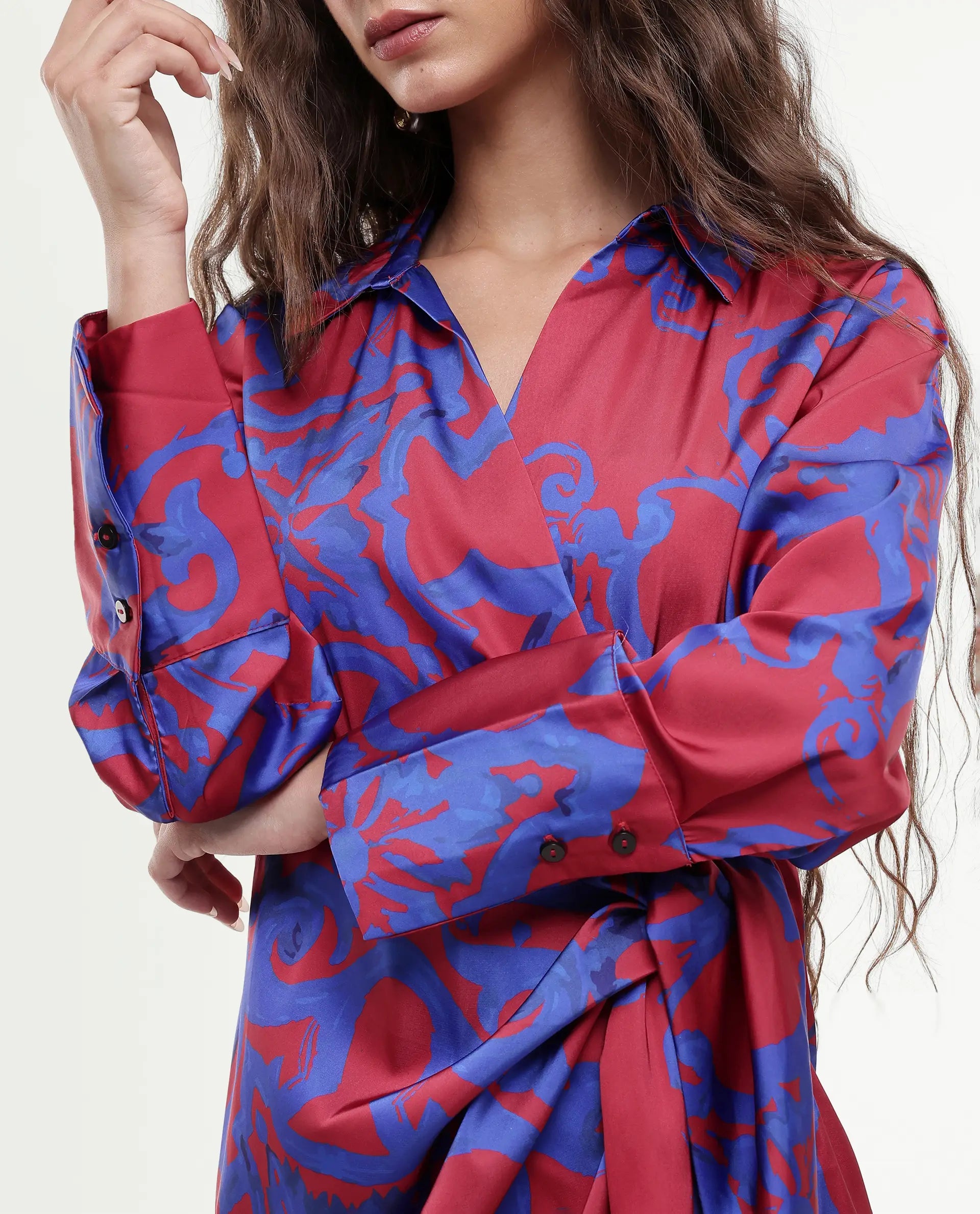Rareism Women's Cager Red Polyester Blend Drop Collar Abstract Print Cuffed Sleeve Mini Wrap Dress