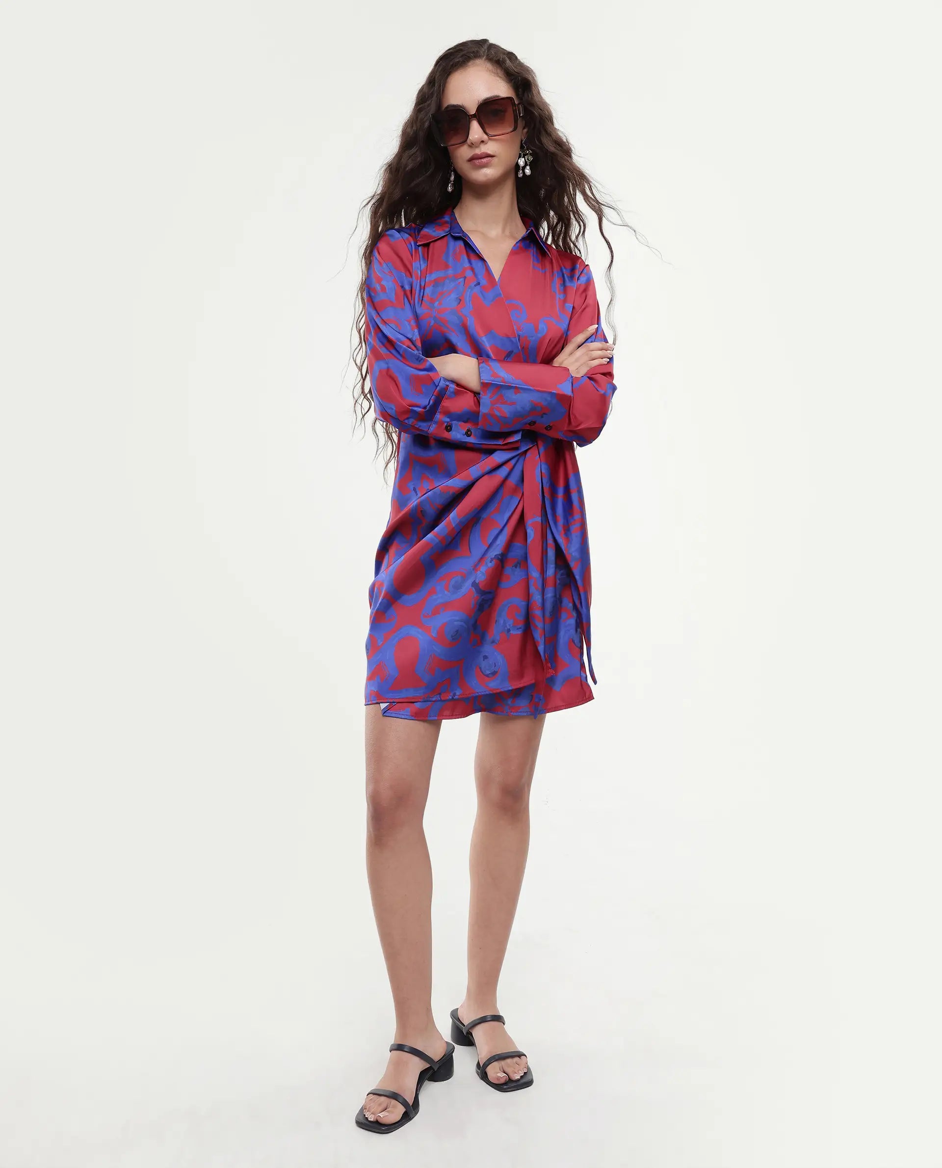 Rareism Women's Cager Red Polyester Blend Drop Collar Abstract Print Cuffed Sleeve Mini Wrap Dress