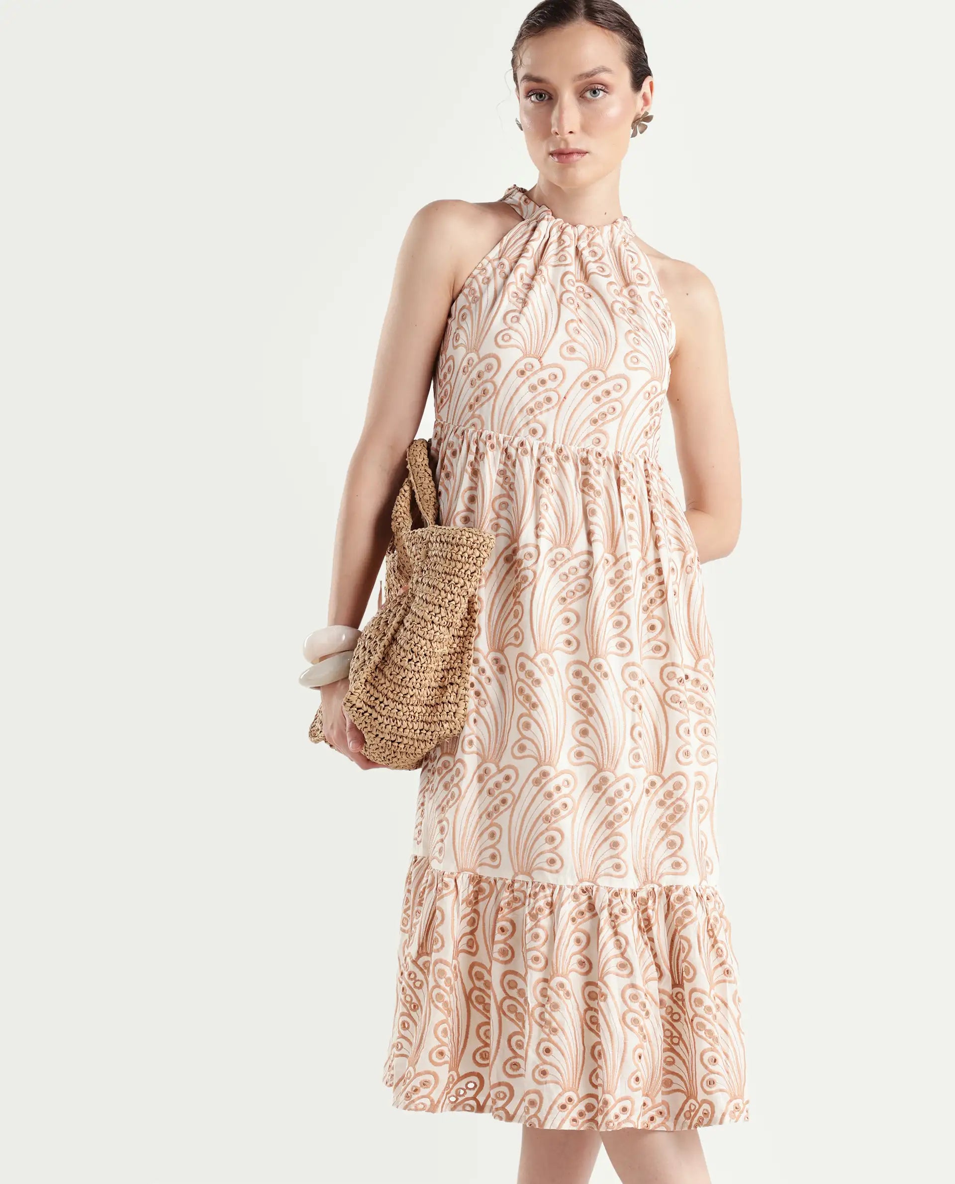 Rareism Women's Chalco Beige Cotton Blend Halter Neck Schiffli Sleeveless Maxi Fit And Flare Dress