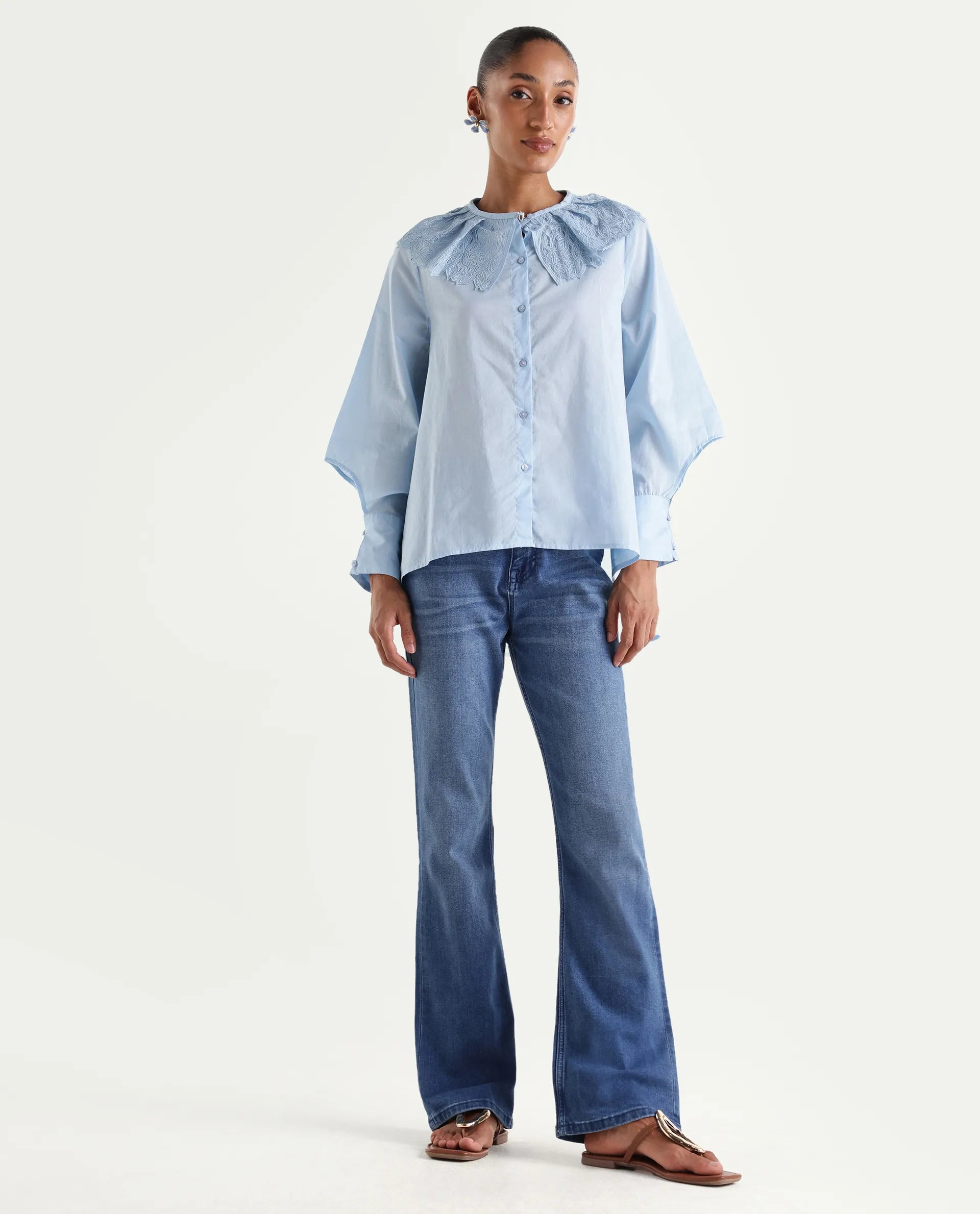 Rareism Women's Hadley Light Blue Cotton Blend Plain Ankle Length Bootcut Jeans