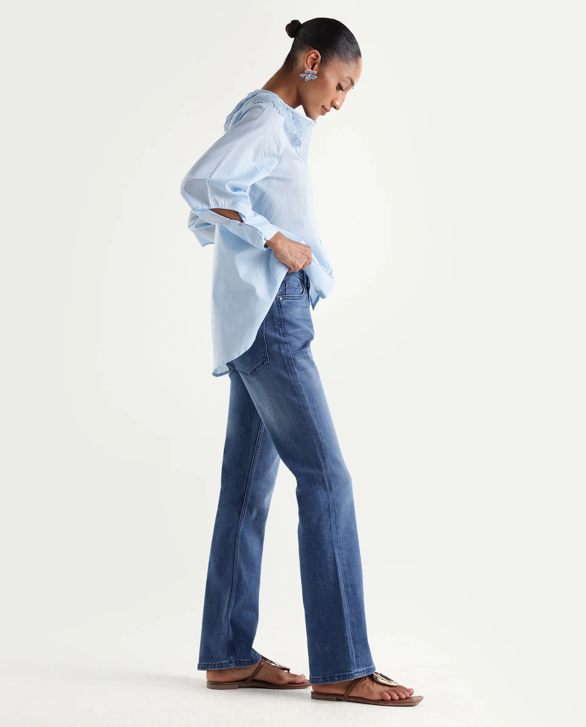Rareism Women's Hadley Light Blue Cotton Blend Plain Ankle Length Bootcut Jeans
