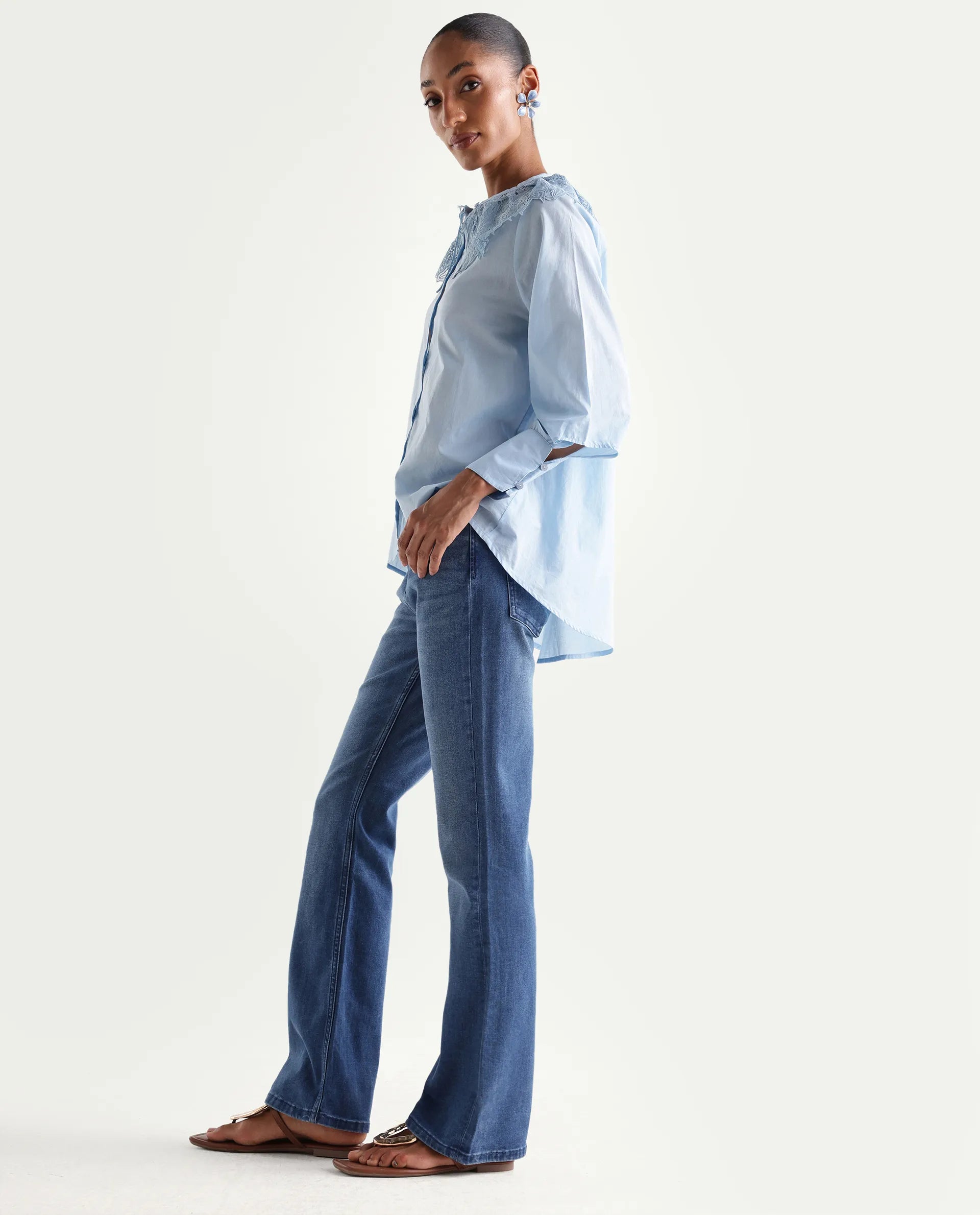 Rareism Women's Hadley Light Blue Cotton Blend Plain Ankle Length Bootcut Jeans